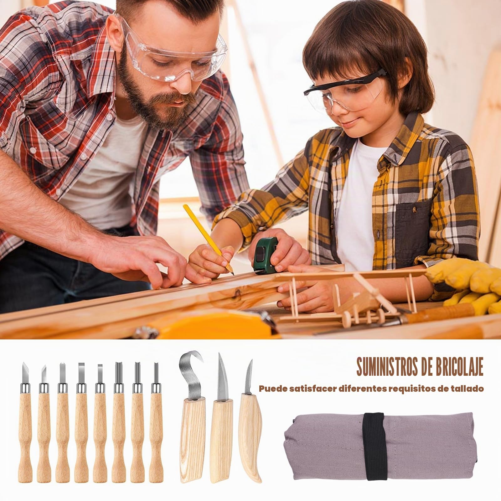 HOSPAOP Juego de 21 herramientas para tallar madera, juego de tallado de madera para adultos y niños, juego de tallado con piedra de afilar y guantes resistentes a los cortes