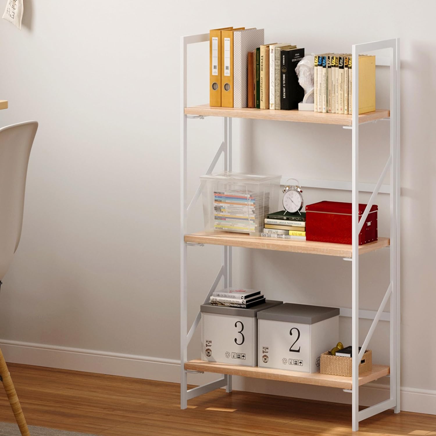 jsb no assembly folding bookshelf, 3 tier industrial metal book shelf for storage, vintage wood foldable bookcase for living room, bedroom, office organization shelves flat tube 3-tier white