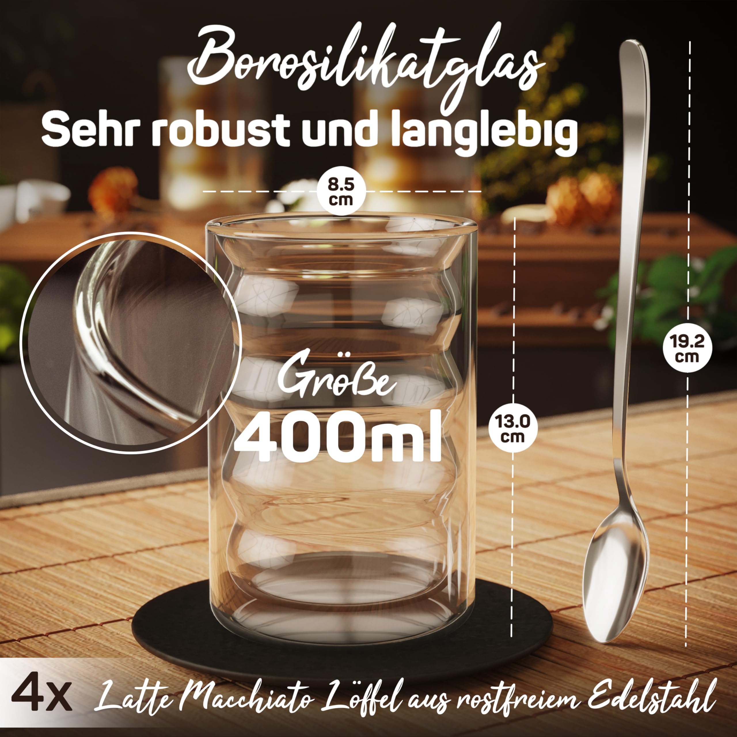 ElbFuchs Latte Macchiato Bubble-Gläser Set [10×400 ml] Doppelwandige Thermogläser, kristallklar mit Löffeln | Cappuccino-Gläser, Kaffeegläser & Teegläser