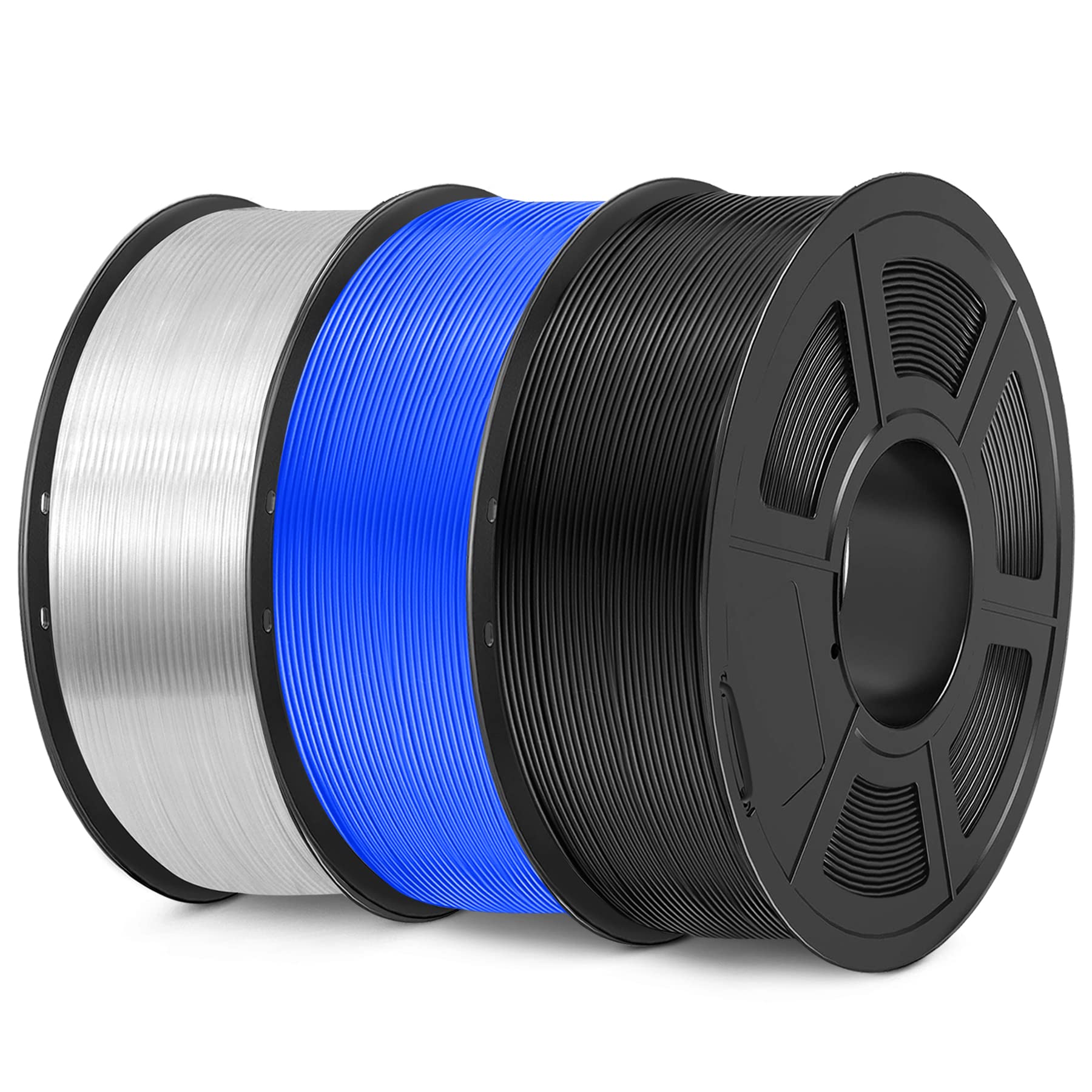 SUNLU Filamento PETG 1,75 mm, Neatly Wound Filamento PETG per Stampante 3D Precisione Dimensione +/- 0,02 mm, Forte Filamento PETG per Stampa, Bobina da 1 kg, Totale 3 kg, Nero+Blu+Trasparente