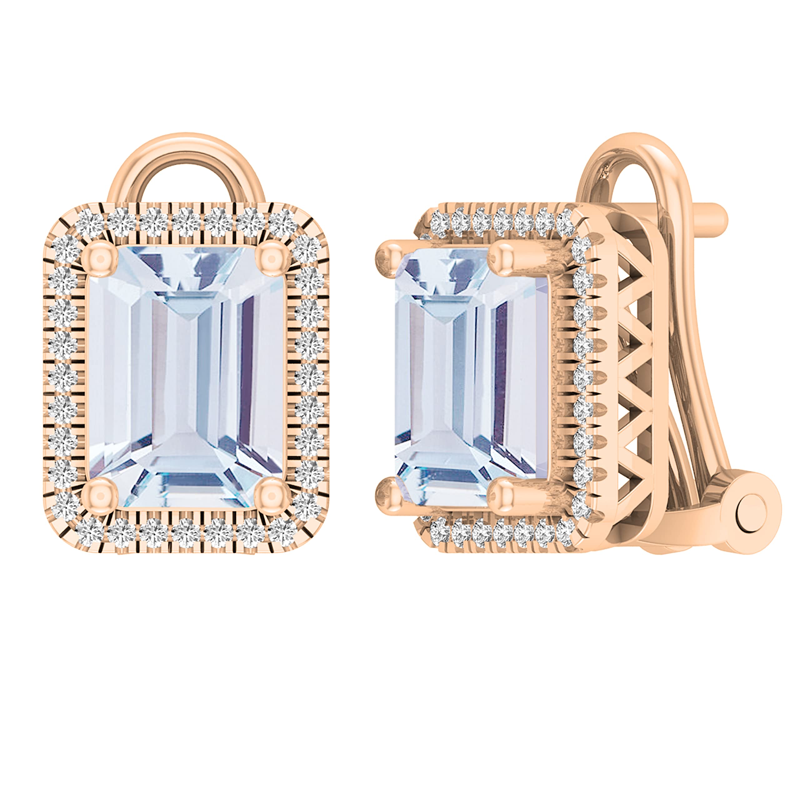 Dazzlingrock Collection 8X6mm Emerald Shape Gemstone & 0.17 CT Round White Diamond Halo Style with Triangular Grooved Side Frame Fastner Clip On Stud Earrings for Women | Available in 14K & 18K Gold