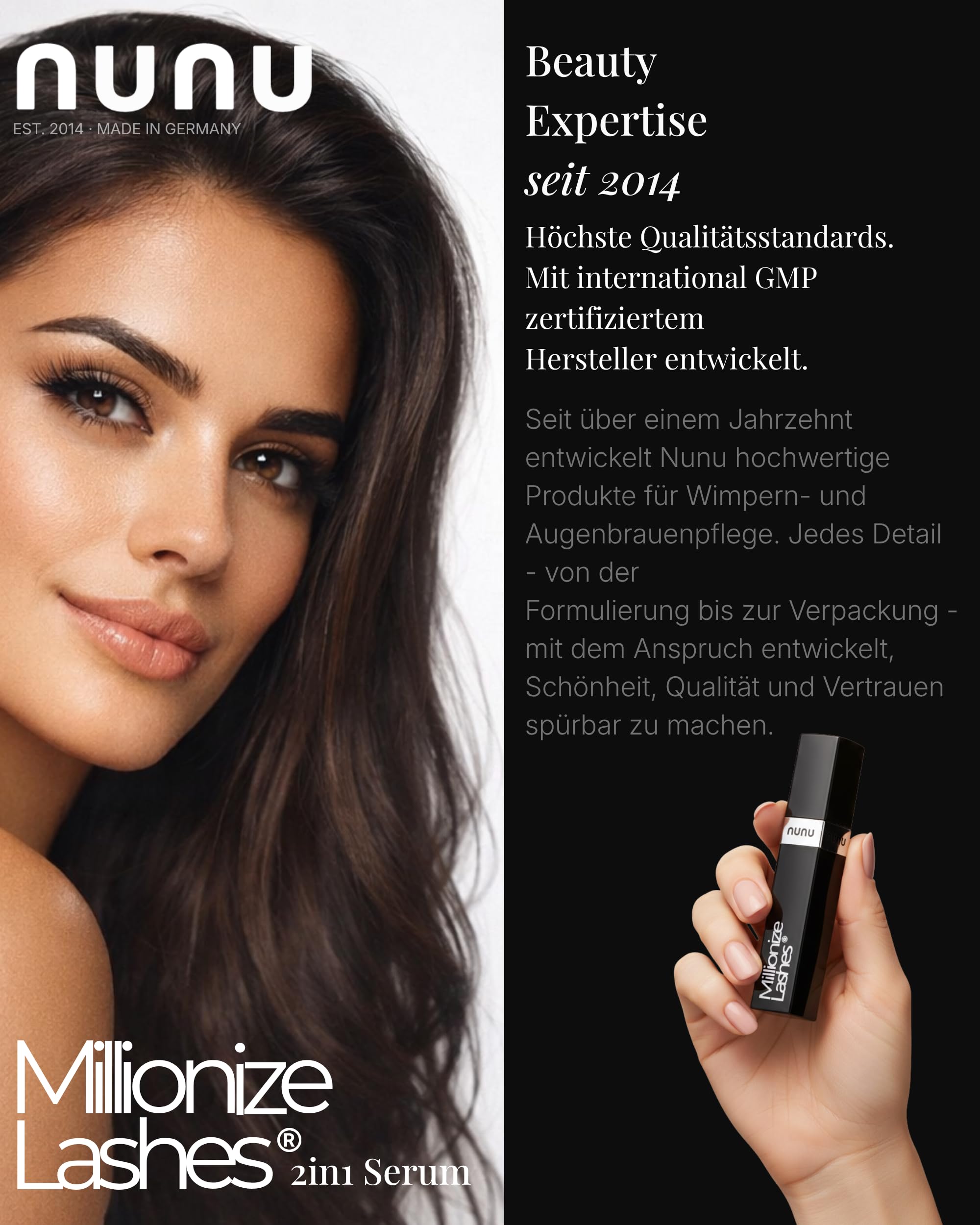Millionize Lashes Wimpernserum & Augenbrauenserum 2in1 Lash Serum by Nunu | Bewährt in Kosmetikstudios & Parfümerien seit über 10 Jahren. Made in Germany. Eyelash Serum & Brow Serum