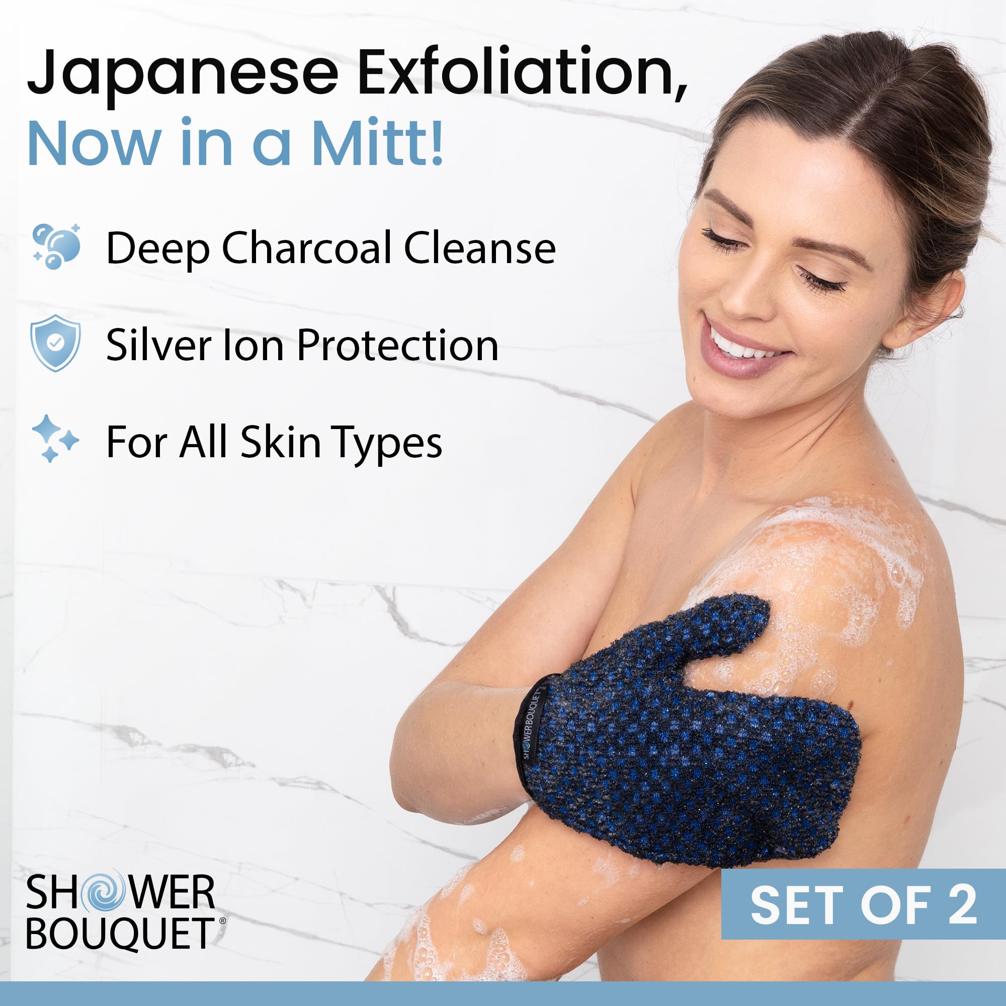 SHOWER BOUQUET Japanese Exfoliating Mitt with Charcoal & Silver Ion