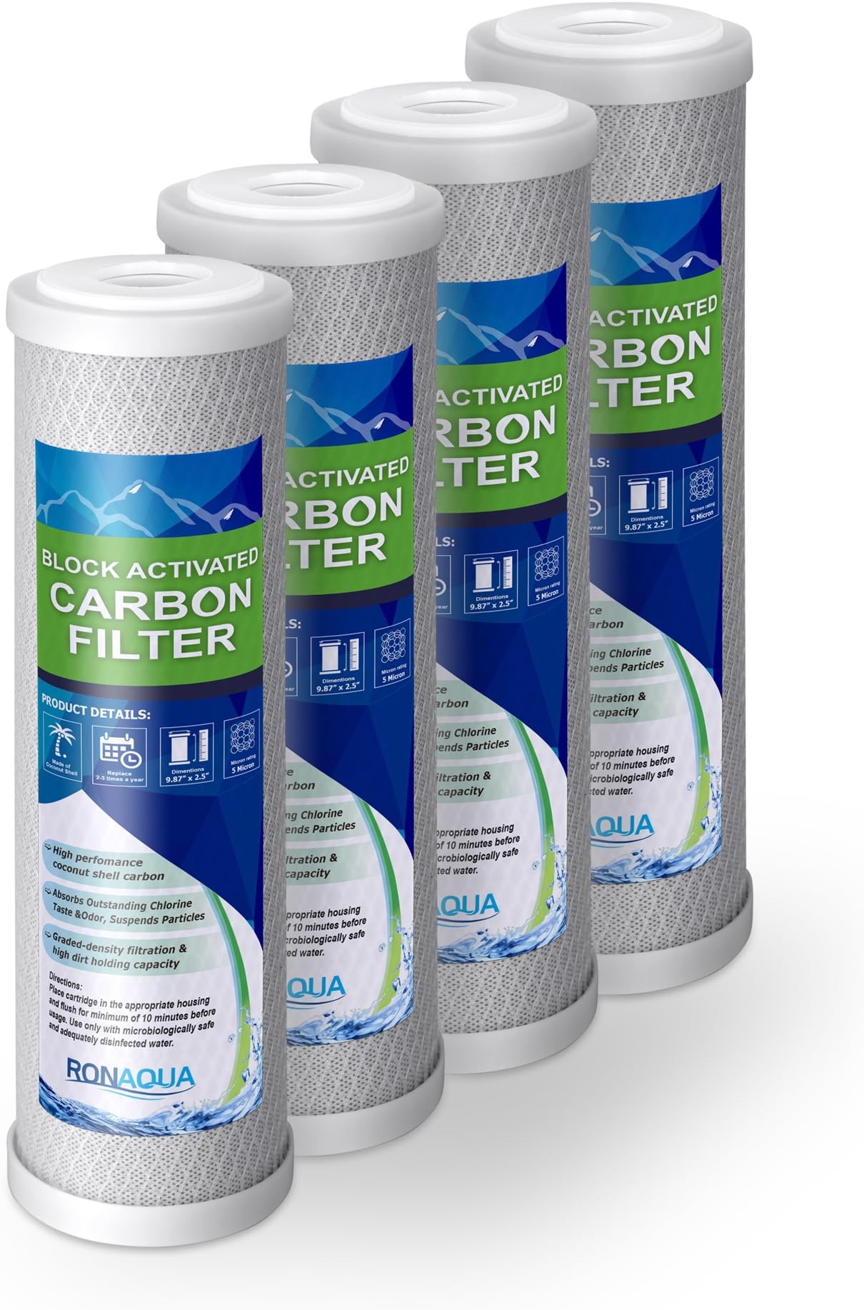 Block Activated Carbon Coconut Shell Water Filter Cartridge 5 Micron for RO & Standard 10” Housing WELL-MATCHED with WFPFC8002, WFPFC9001, WHCF-WHWC, WHEF-WHWC, FXWTC, SCWH-5 (4 Pack)