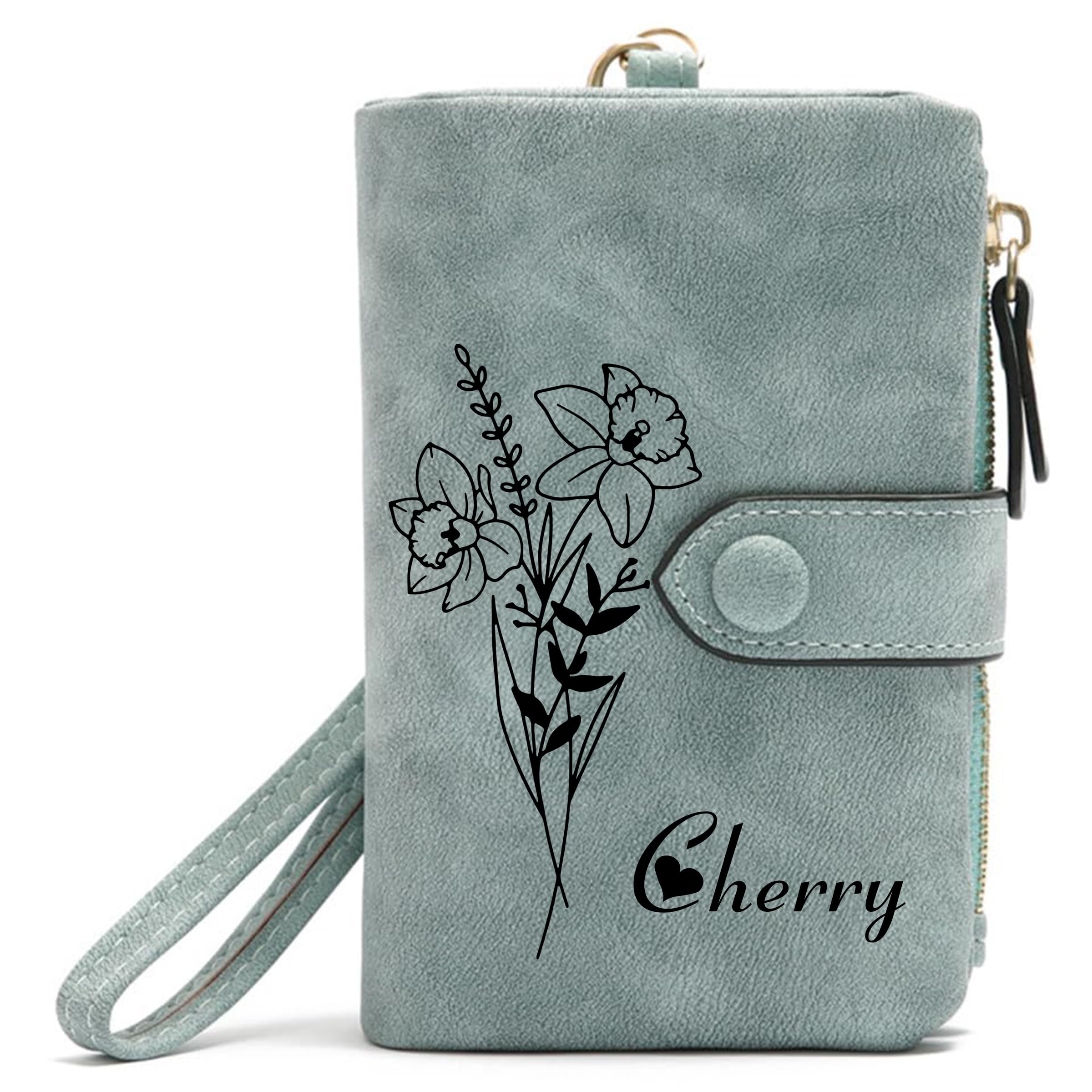 SHRDV Personalized Peacock Blue Small Leather Wallet Custom Birth Month Flower & Name Coin Purse Card Holder for Women Girls Customized Gift for