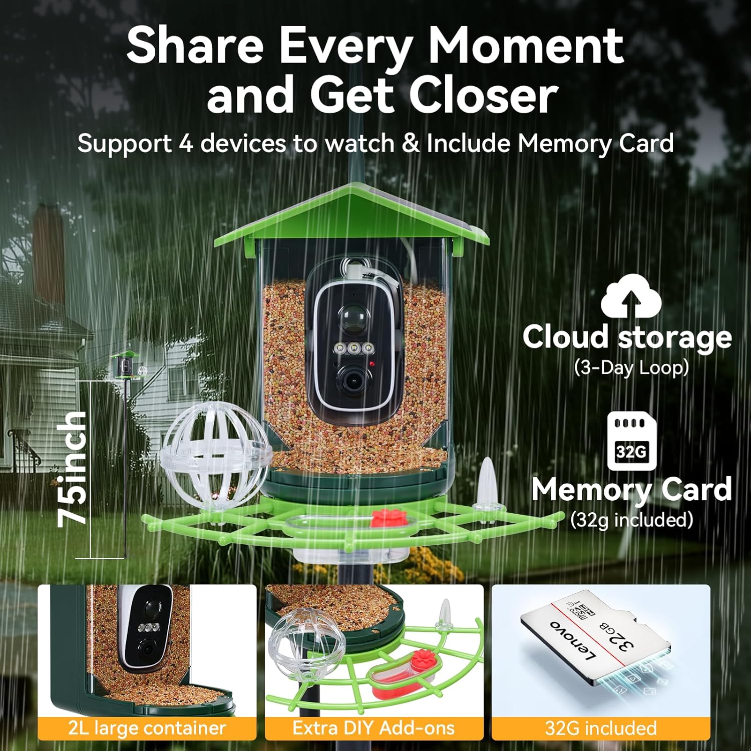 Bird Feeder with Camera and 75 Inch Pole&32GB SD Card, AI Birds Species, Smart Birds Camera Feeder Solar Powered, 2K HD Video, Instant Arrival Alerts&Notification, Ideal Gift for Bird Lovers