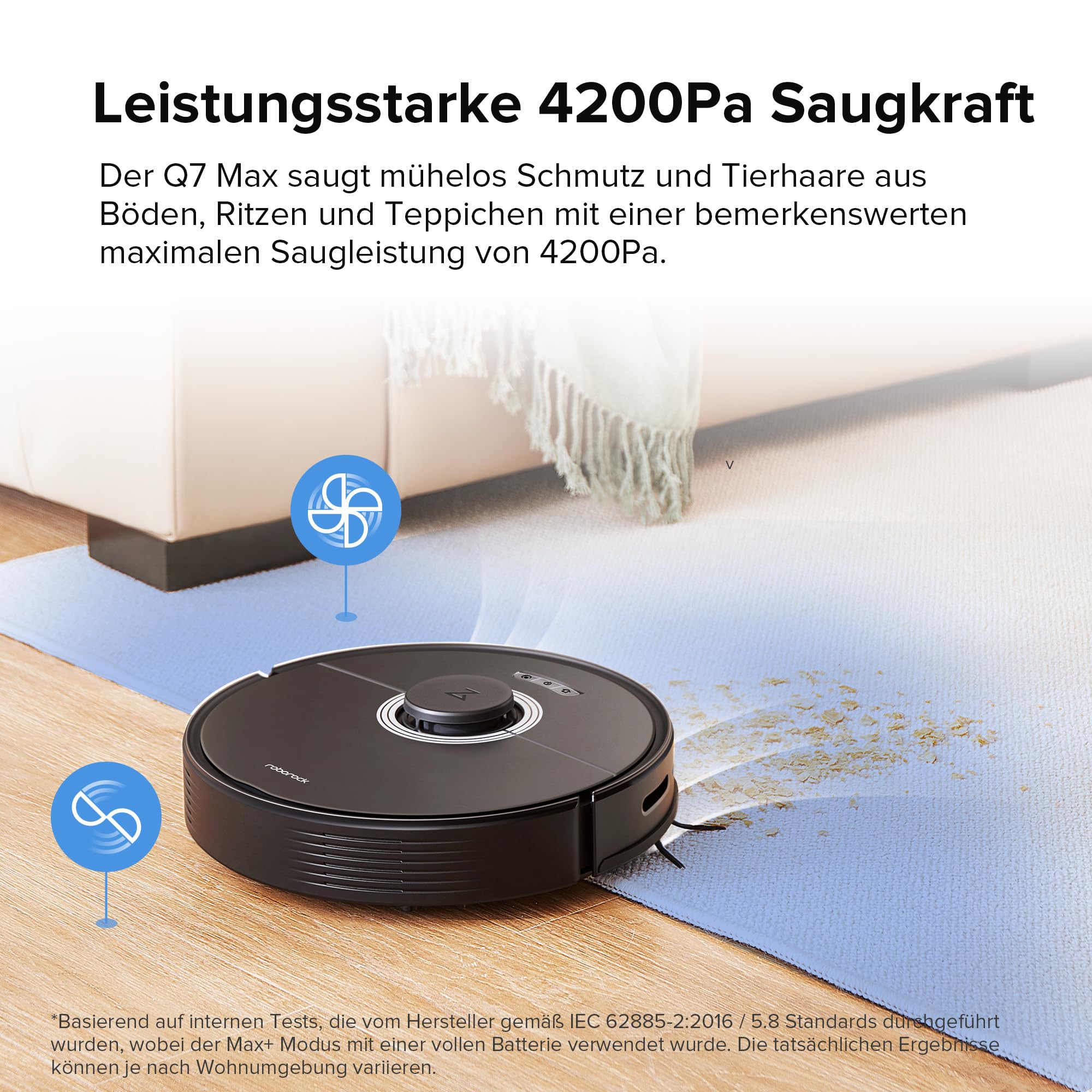 Roborock Q7 Max Saugroboter mit Vollgummibürste, 4200Pa Saugkraft, PreciSense-LiDAR-Navigation & 3D Mapping, Teppiche, Tierhaare, App/Alexa (Schwarz) (Generalüberholt)