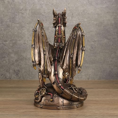 Miniatura 4 de Veronese Design Dragón mecánico Steampunk de 8 14 pulgadas sentado en la plataforma de resina fundida en frío acabado de bronce