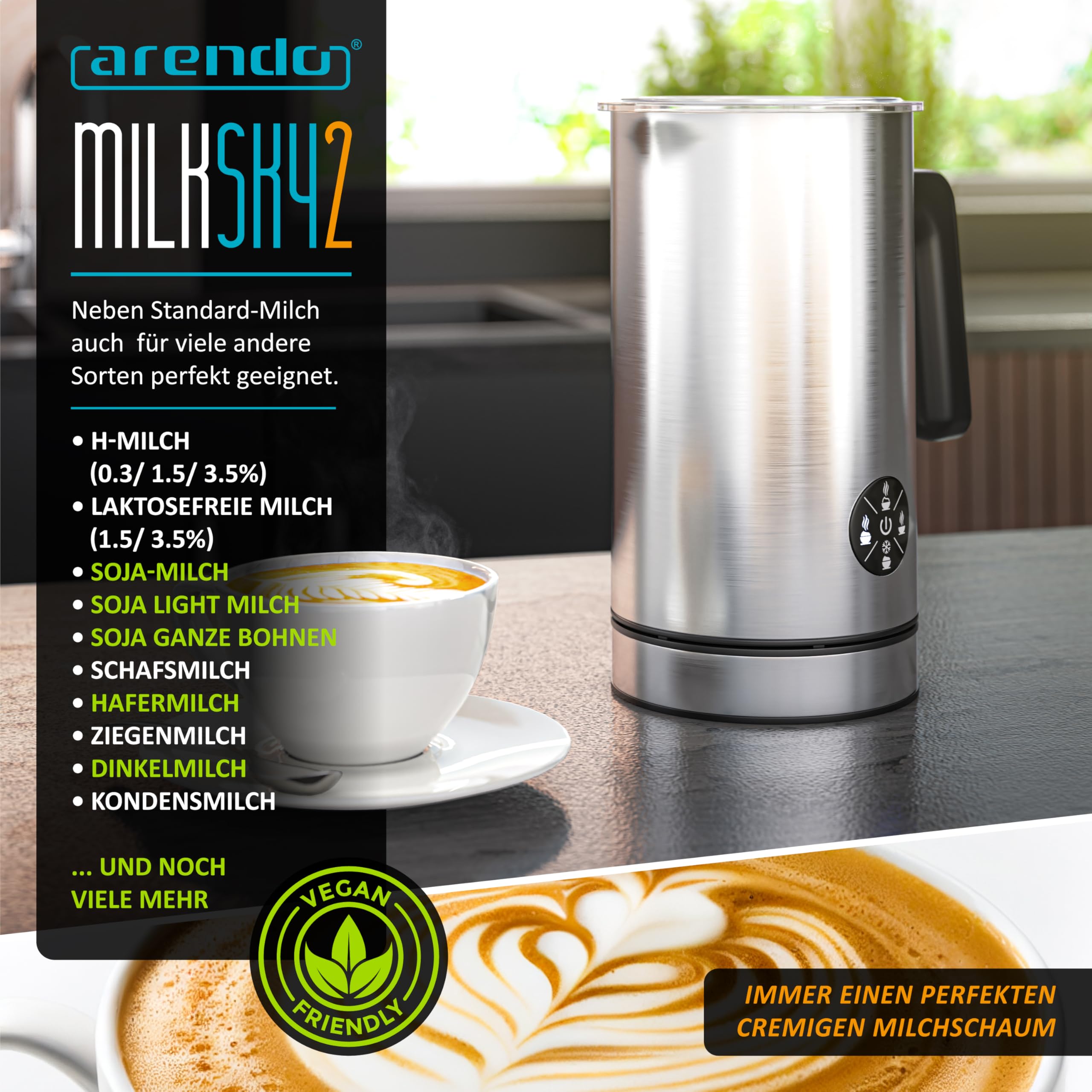 Arendo - Espumador de leche eléctrico 4 en 1 – Carcasa de doble pared – 4 programas – Espuma caliente y fría – Espuma cremosa y firme – 150-300 ml – Revestimiento antiadherente – Cappuccino Latte