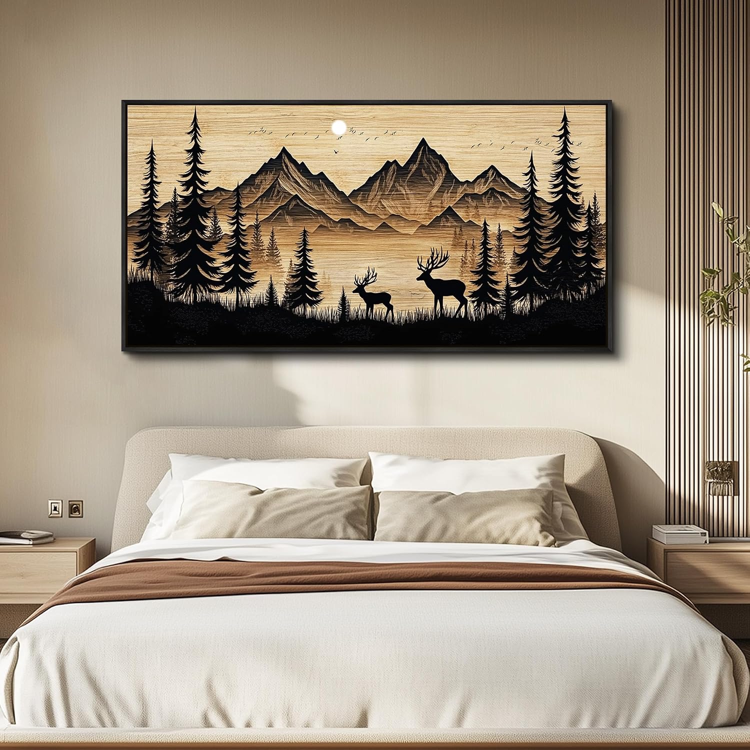 Large Wall Decor for Living Room Black Frame Canvas Wall Art for Office Modern Wall Decorations for Bedroom Mountain Deer Forest Silhouette Landscape Painting Artwork Home Decor 24x48 in