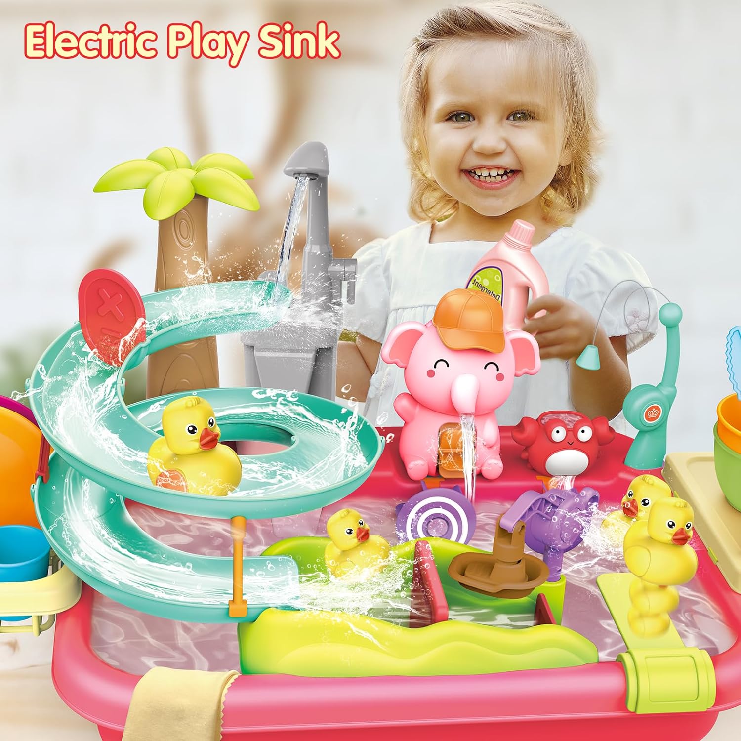 VATOS Electric Faucet Manual Pump 2 in 1 Play Sink with Running Water, Duck Slide Water Table Kitchen Sink Toy, Floating Pool Toy Fishing Game, Kids Pretend Play Dishwasher Set for Girls Boys Ages 3+