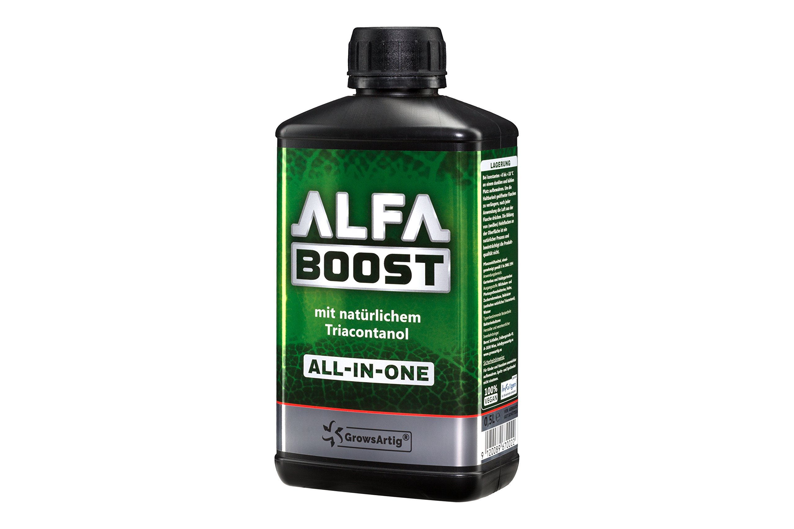 ALFA Boost All-IN-ONE - Booster per piante con triacontanolo, 0,5 litri, per fioritura, crescita e radicamento, aumenta la resa. Biocertificato.