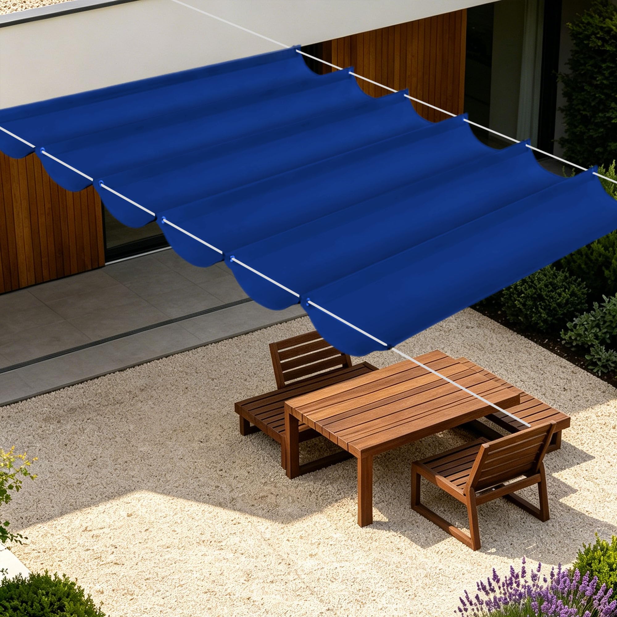 Toile ombrage rétractable vague contre la chaleur et pluie sur terrasse 850x420