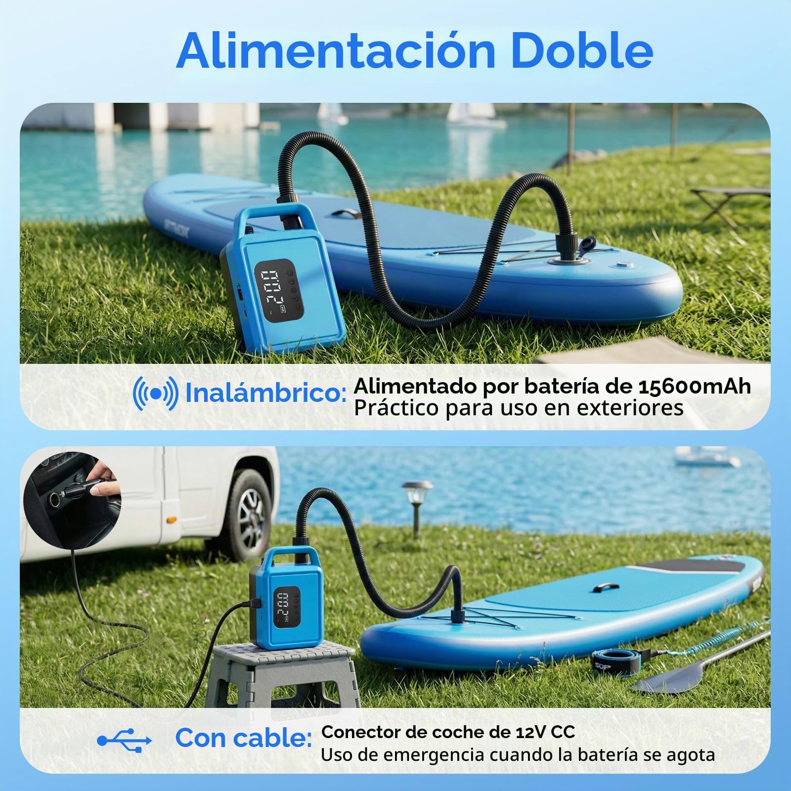 Bomba SUP eléctrica, 20 psi, bombas de aire con batería recargable de 15600 mAh, precisión inteligente de inflación/descarga de hasta 0,01 bar, apagado automático para tablas SUP, kayak