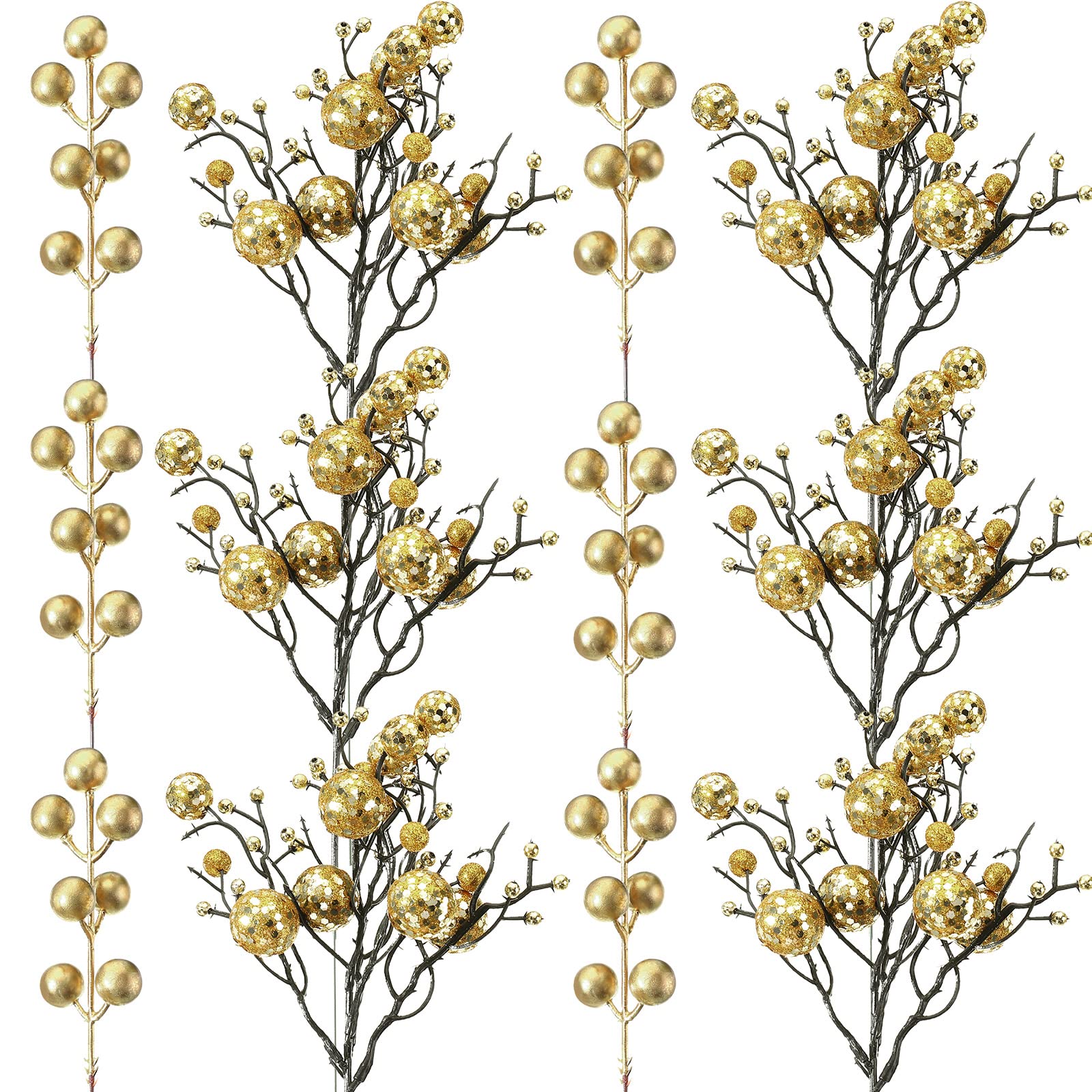 Chunyin Gold Glitter Picks for Christmas Tree, 30 Pieces Artificial Glitter Berries Stems Decorations 11.8 Inch and 6.3 Inch Artificial Picks for DIY Christmas Tree Ornaments