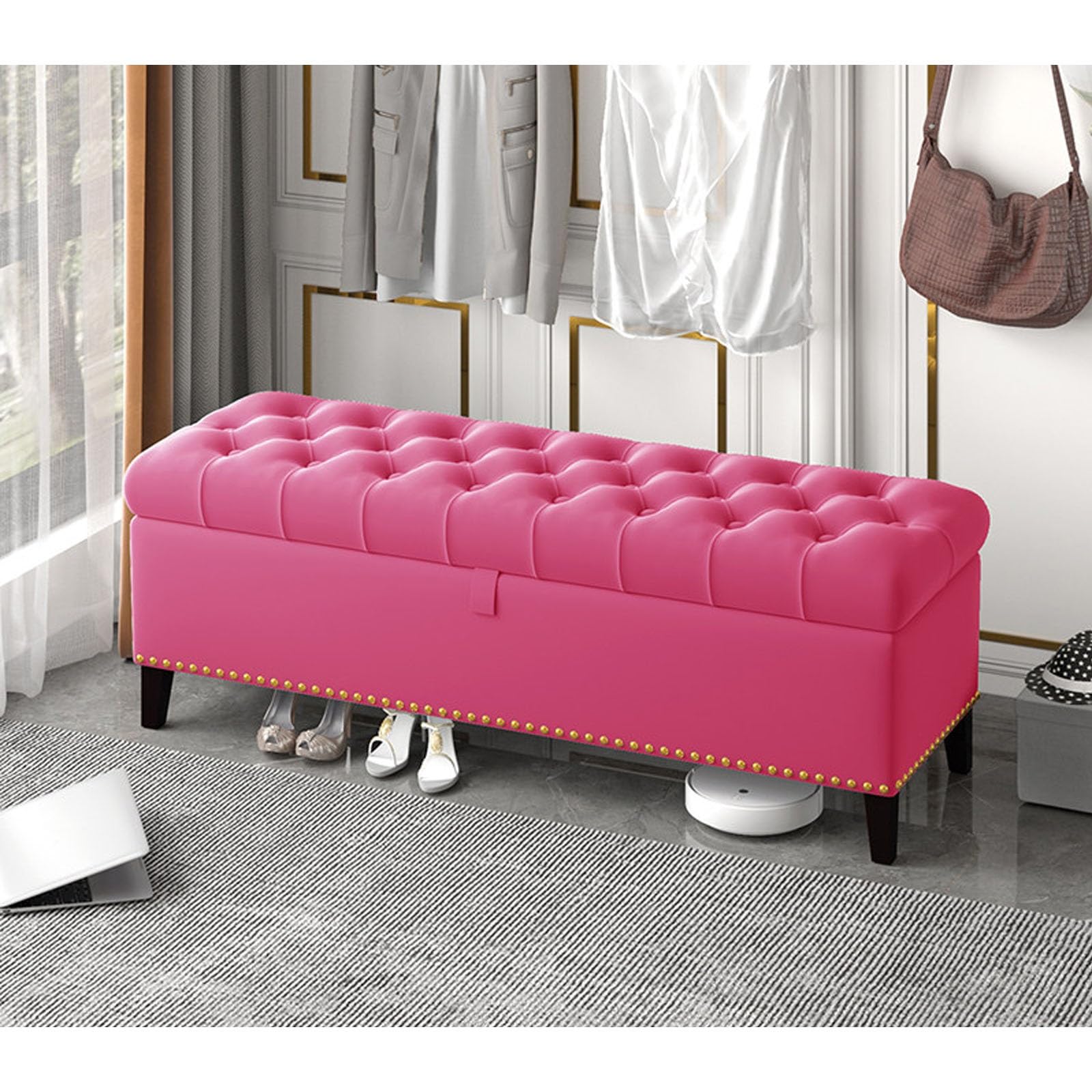 Banc de rangement velours 120 cm pour un coin changement de chaussures cosy en couloir
