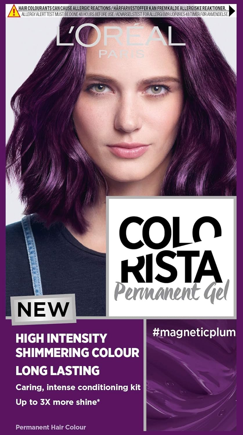 L’Oréal Paris Colorista Permanent Gel Hair Dye, Long-Lasting and Vibrant At-Home Hair Colour, High-Intensity Hues with Up to 3x More Shine, Colour: Magnetic Plum L’Oréal Paris Colorista Permanent Gel Hair Dye, Long-Lasting and Vibrant At-Home Hair Colour, High-Intensity Hues with Up to 3x More Shine, Colour: Magnetic Plum