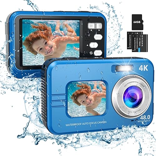 Cámaras subacuáticas, cámara digital impermeable de enfoque automático 4K, cámara submarina de 48 MP y 10 pies con pantallas dobles para selfie,