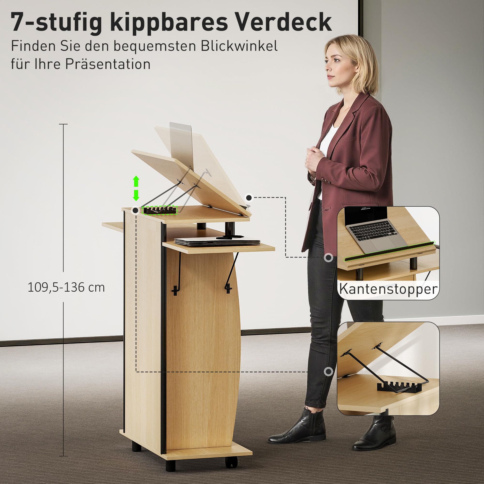 HOMCOM Rednerpult Podium mit Rädern, klappbaren Seitenflügeln, neigbarem Laptopständer, Podiumständer mit Schublade, Regal Stehpult für Kirche, Vortrag, Klassenzimmer Eiche 126 x 37 x 136 cm