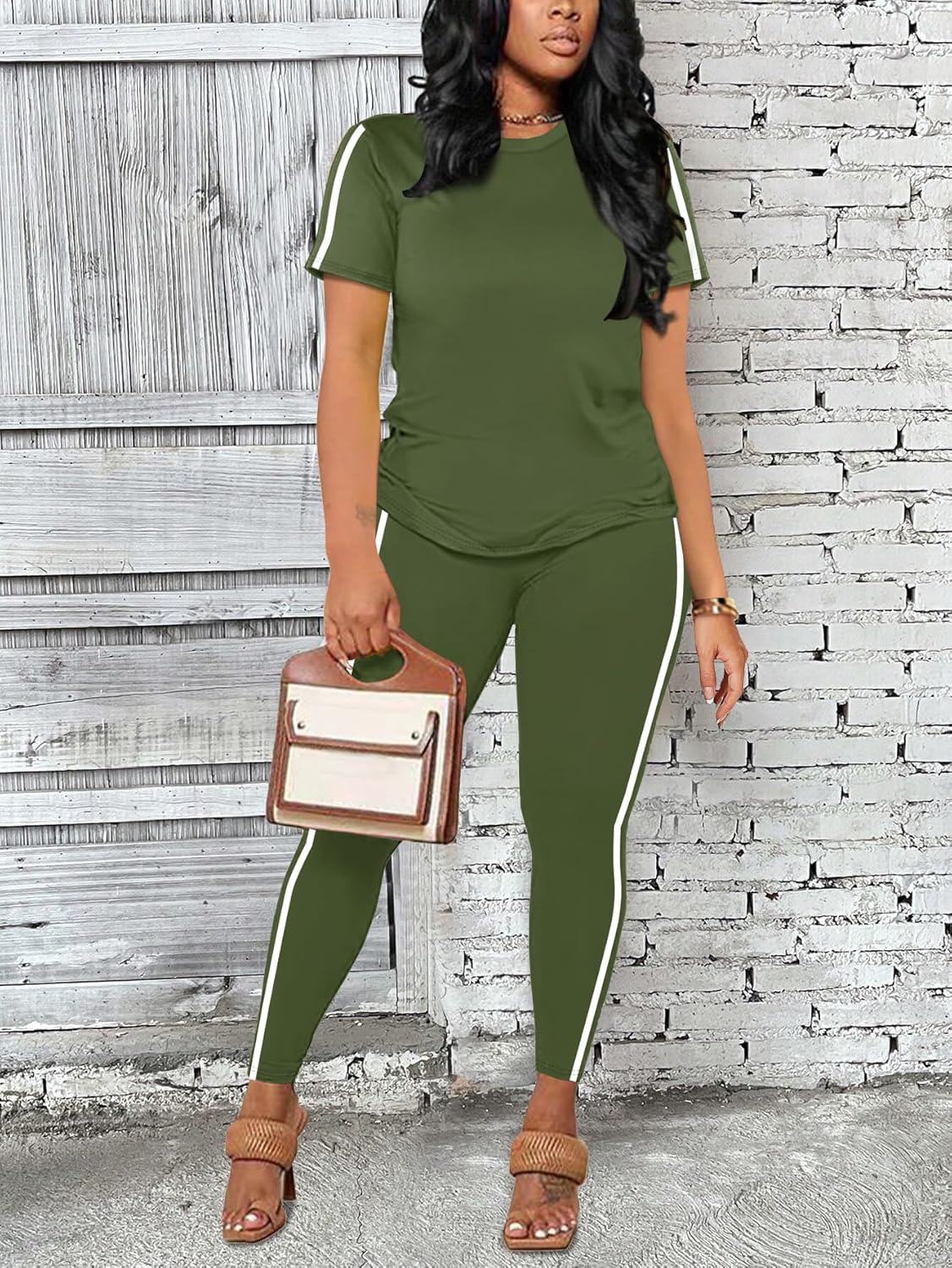 Women's 2 Piece Outfits Sweatsuit Summer Workout Striped Short Sleeve Long Sweatpants Casual Jogging Lounge Set - Image 3