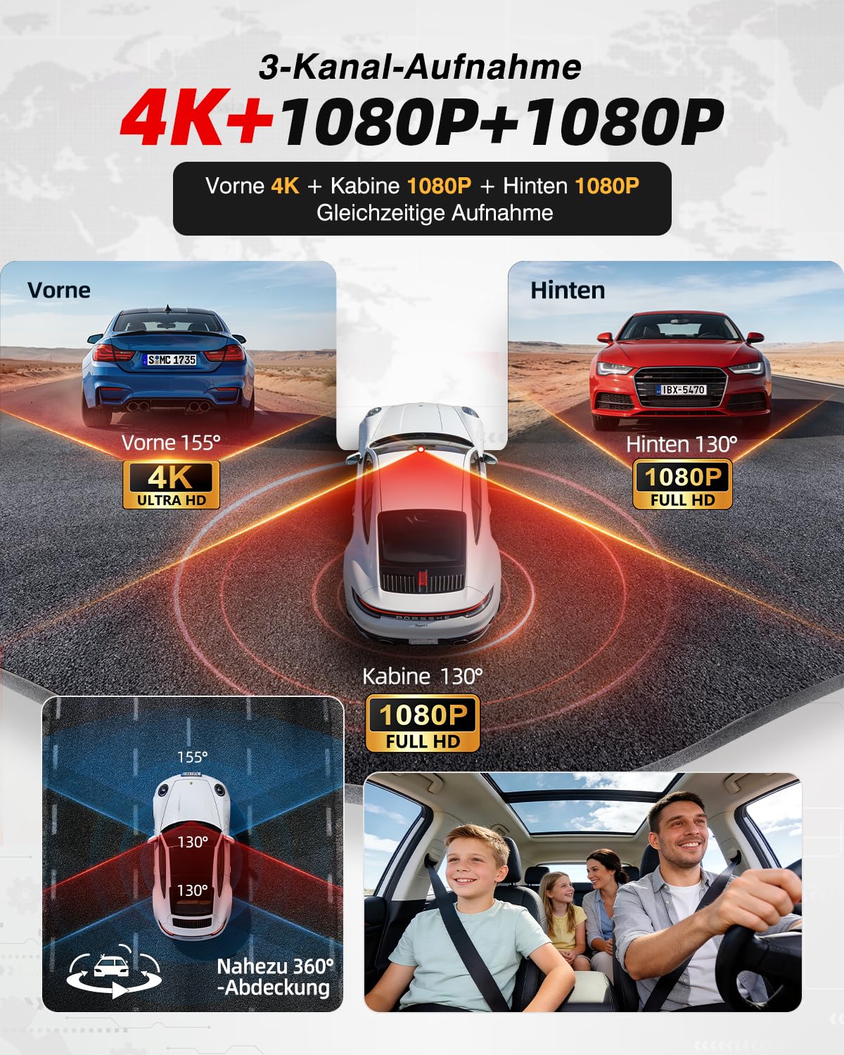 Dashcam Auto Vorne Hinten STARVIS 2 - dashcam 4K 3-Kanal Kamera, dashcam 360° Nachtsicht & HDR, 4K Front,1080P Innen & 1080P Hinten, WiFi 6 & GPS, 24h Parküberwachung mit G-Sensor, 64GB Karte
