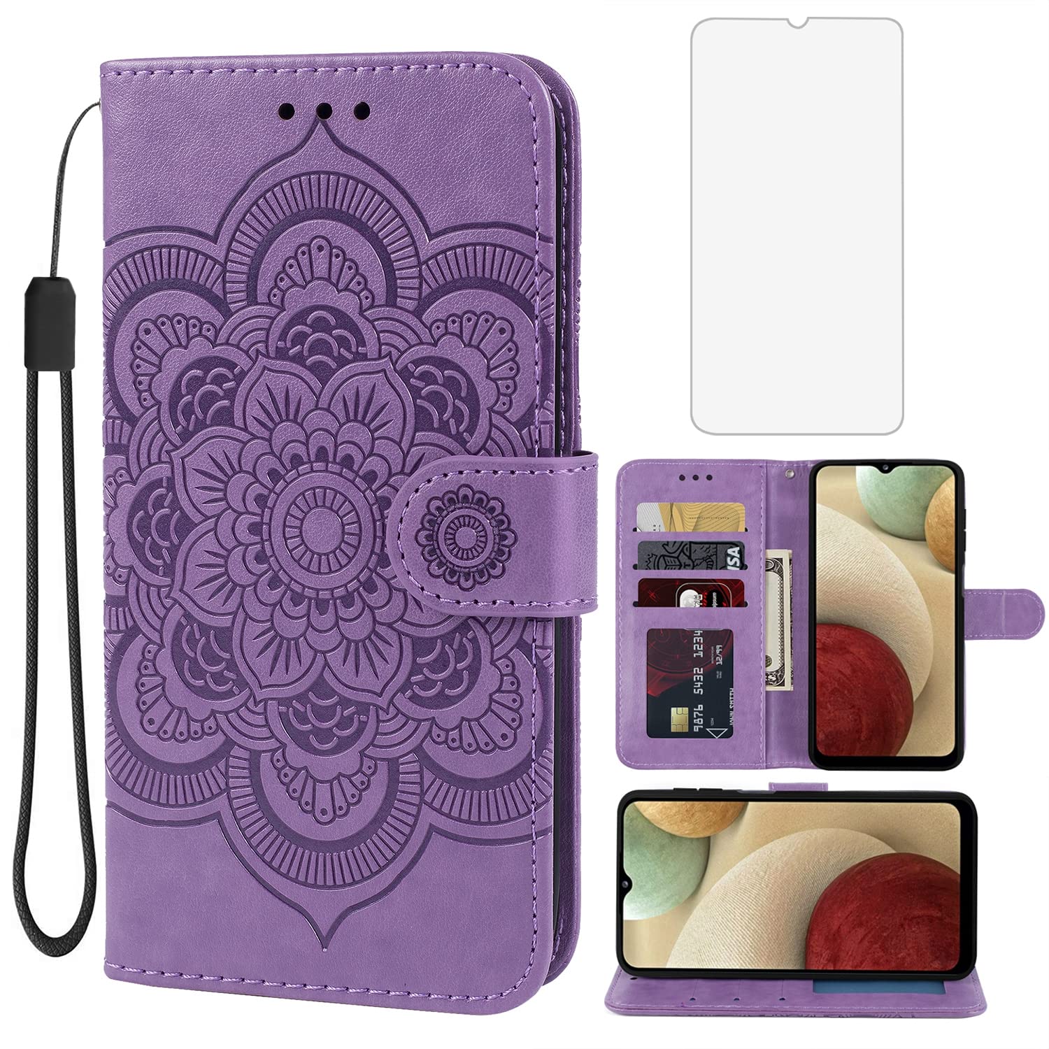 Bohefo Case for Galaxy A12 4G/A12 5G/Galaxy M12 SM-A125 Wallet Case with Tempered Glass Screen Protector, Leather Flip Credit Card Holder Stand Phone Cover Cases for Samsung Galaxy A12 4G Purple