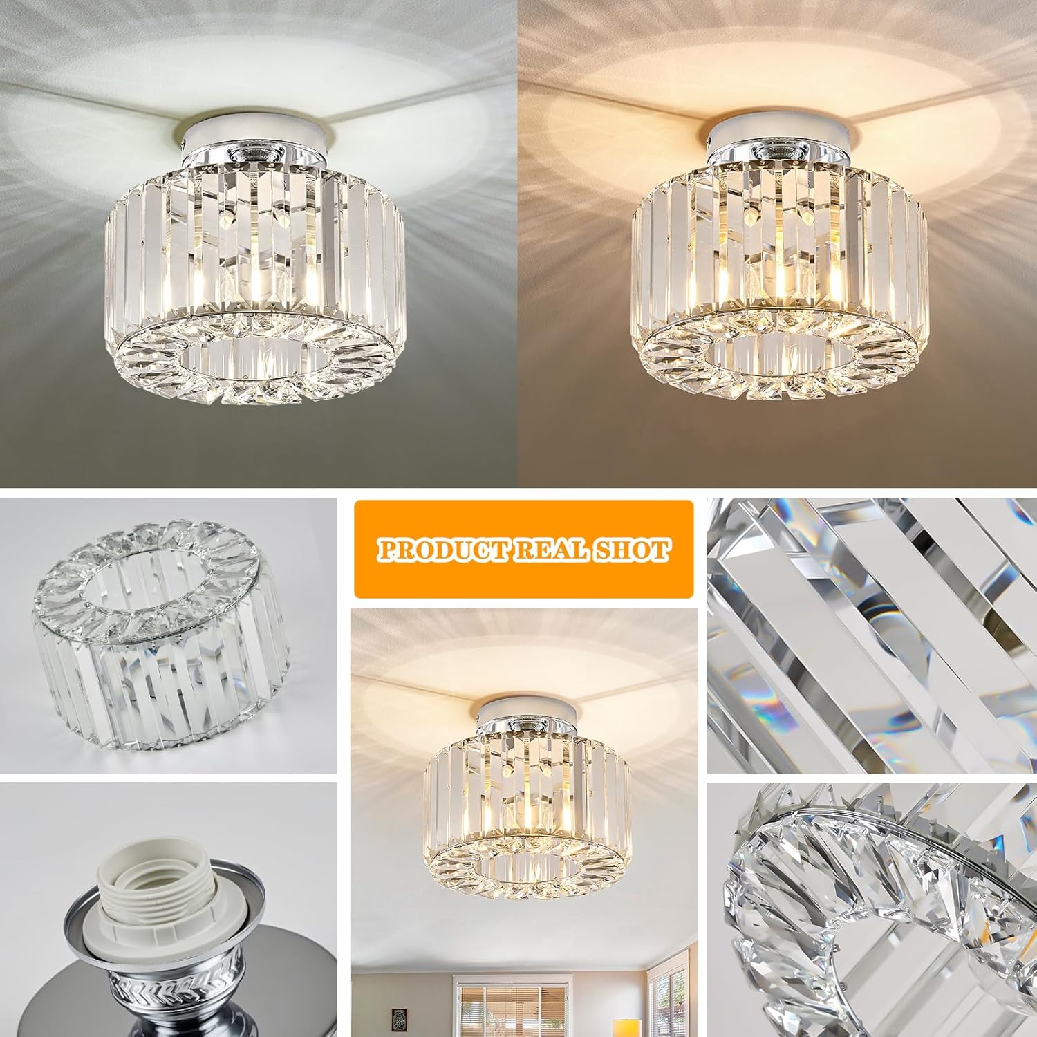 BUXVRCS Silver Crystal Chandelier - Modern Semi Flush Mount Ceiling Light Fixture for Kitchen, Bedroom, Living Room & More (Silver)