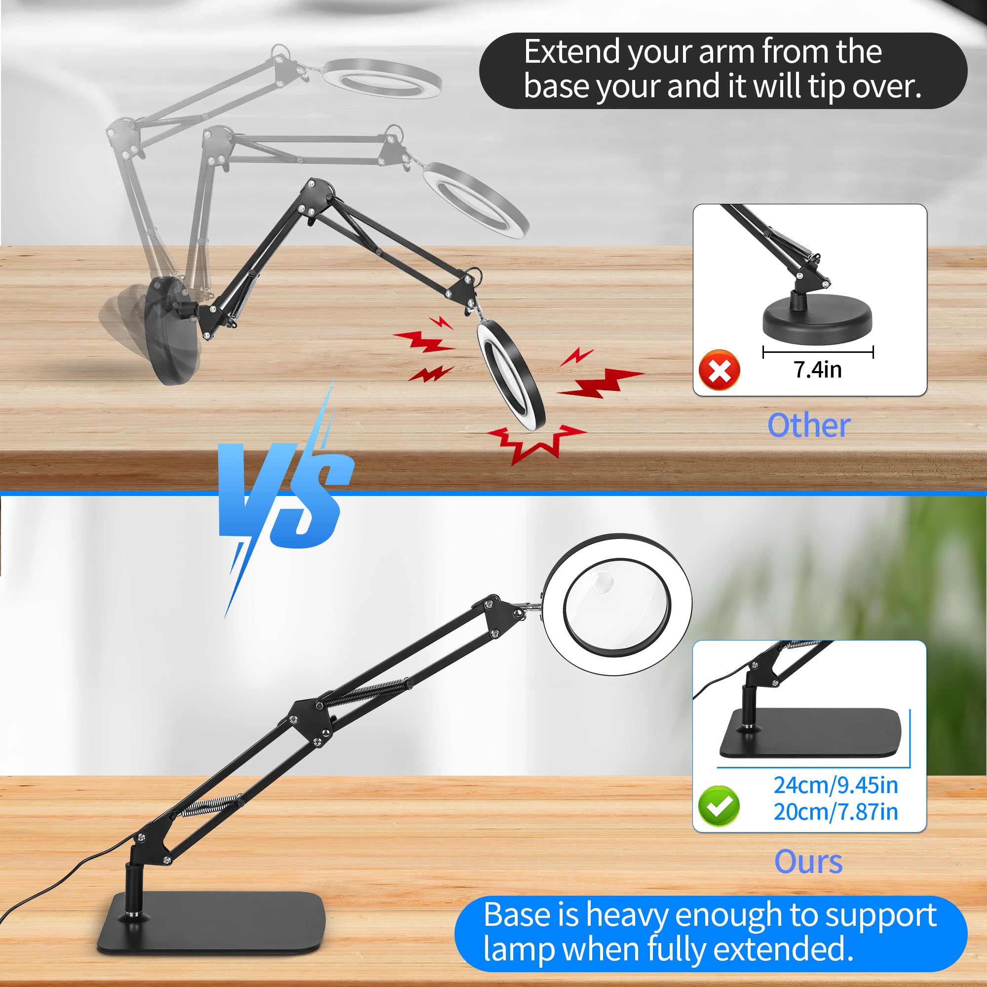 Loupe 15x 10x avec lumière et support, lampe de bureau 2 en 1 avec pince et base, 3 modes de couleur à intensité variable avec bras oscillant, lampe loupe éclairée par LED pour lecture, réparation,