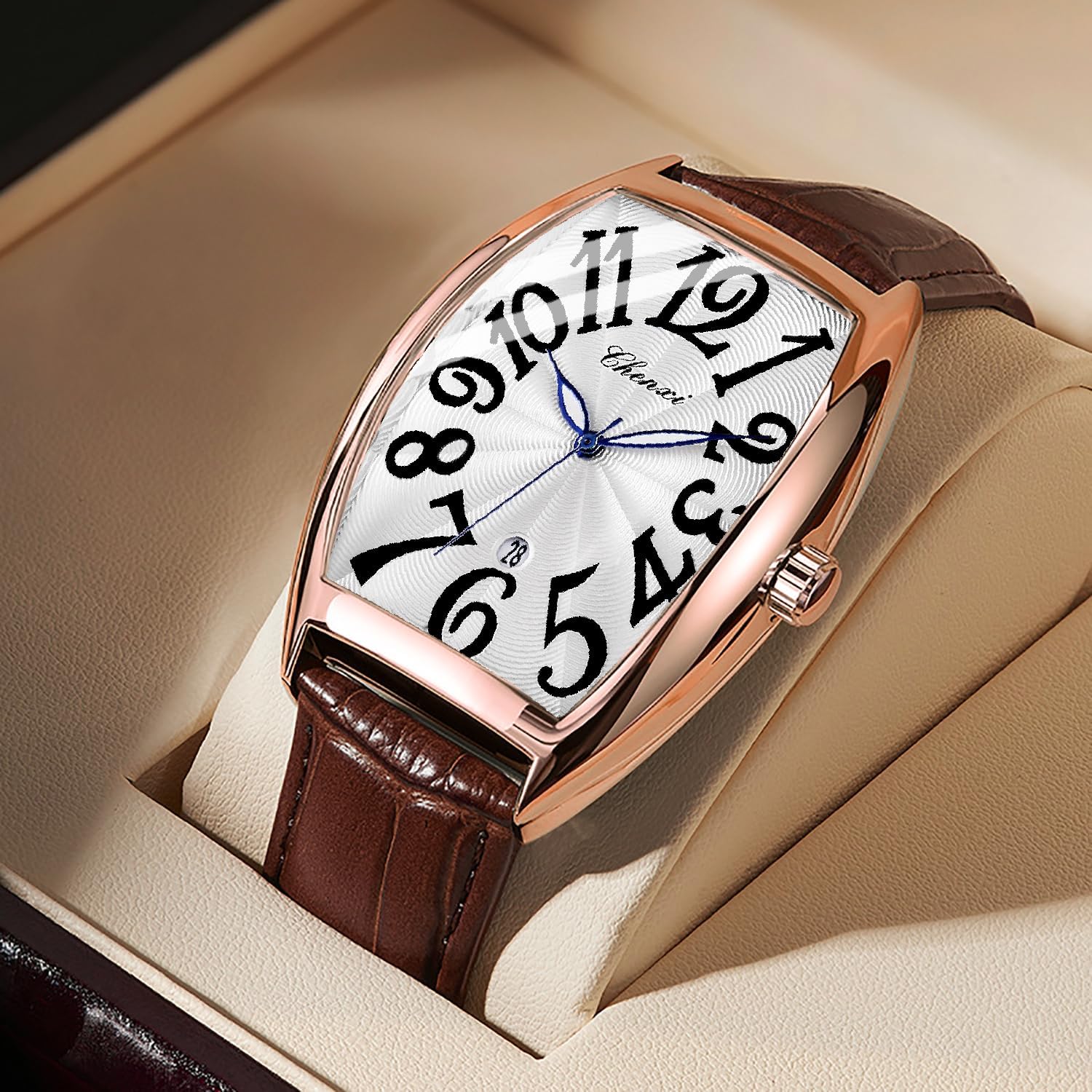 Tiong Men’s Barrel-Shaped Quartz Watch - Colorful Number Dial, Black Leather Strap, Stylish Design, Ideal Gift with Box - Image 4