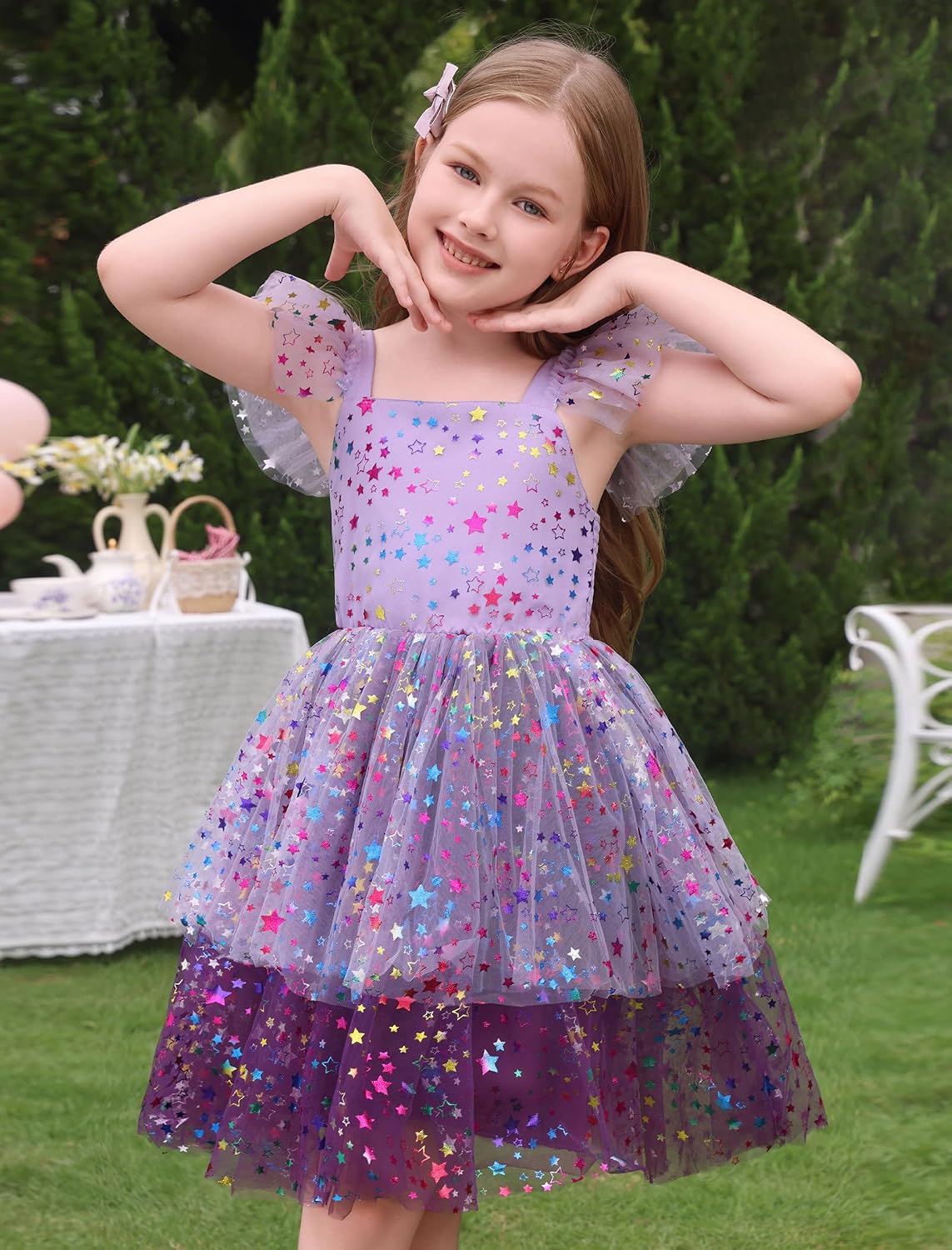 Toddler Kids Girls Sparkly Stars Double Layered Ruffle Dress Birthday Party Dresses Photo Shoot