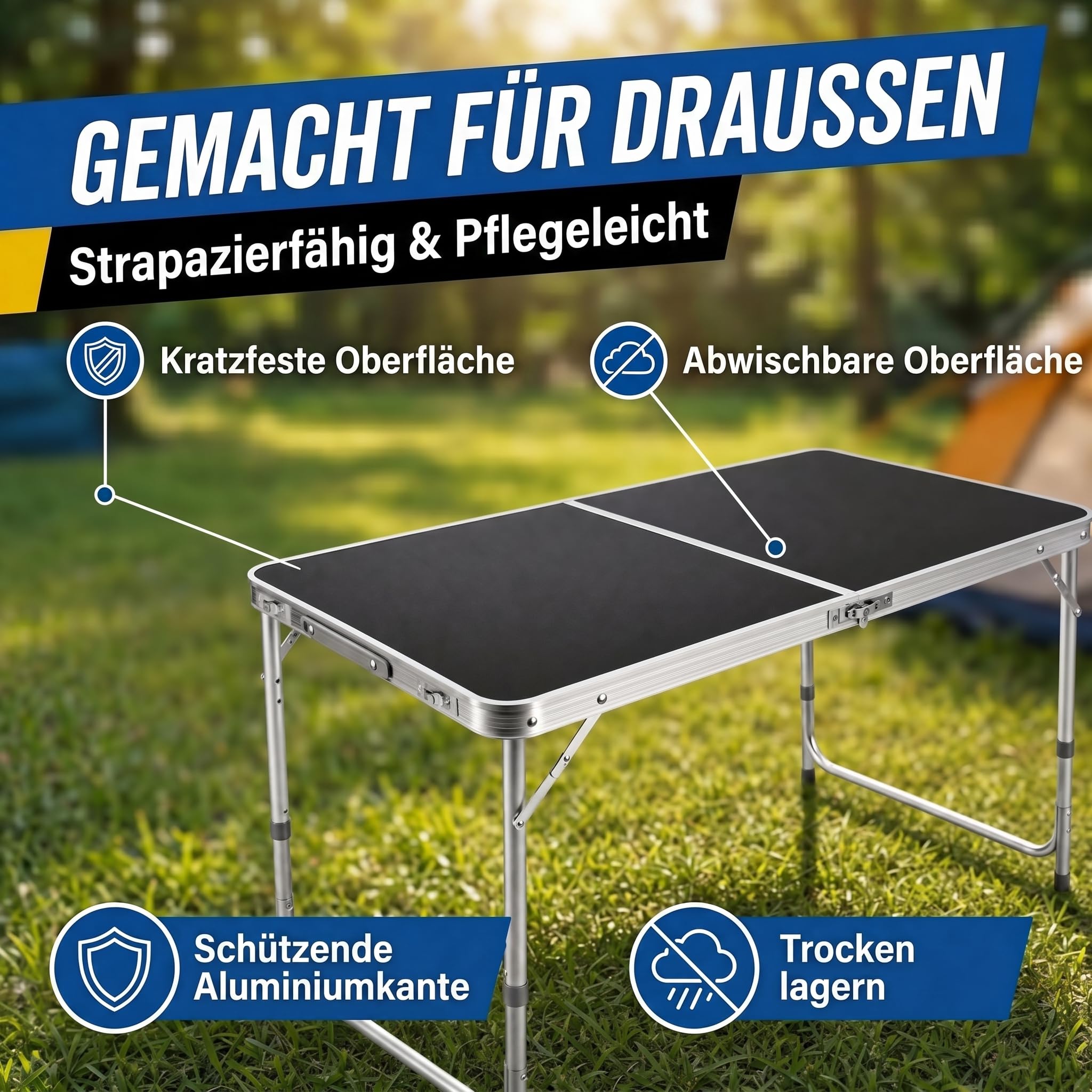 Klappbarer Multifunktionstisch Mehrzwecktisch Campingtisch Klapptisch Markttisch höhenverstellbarer Tapeziertisch Beistelltisch zum Campen im Garten für Festivalls Märkte (Schwarz: 120 x 60 cm)