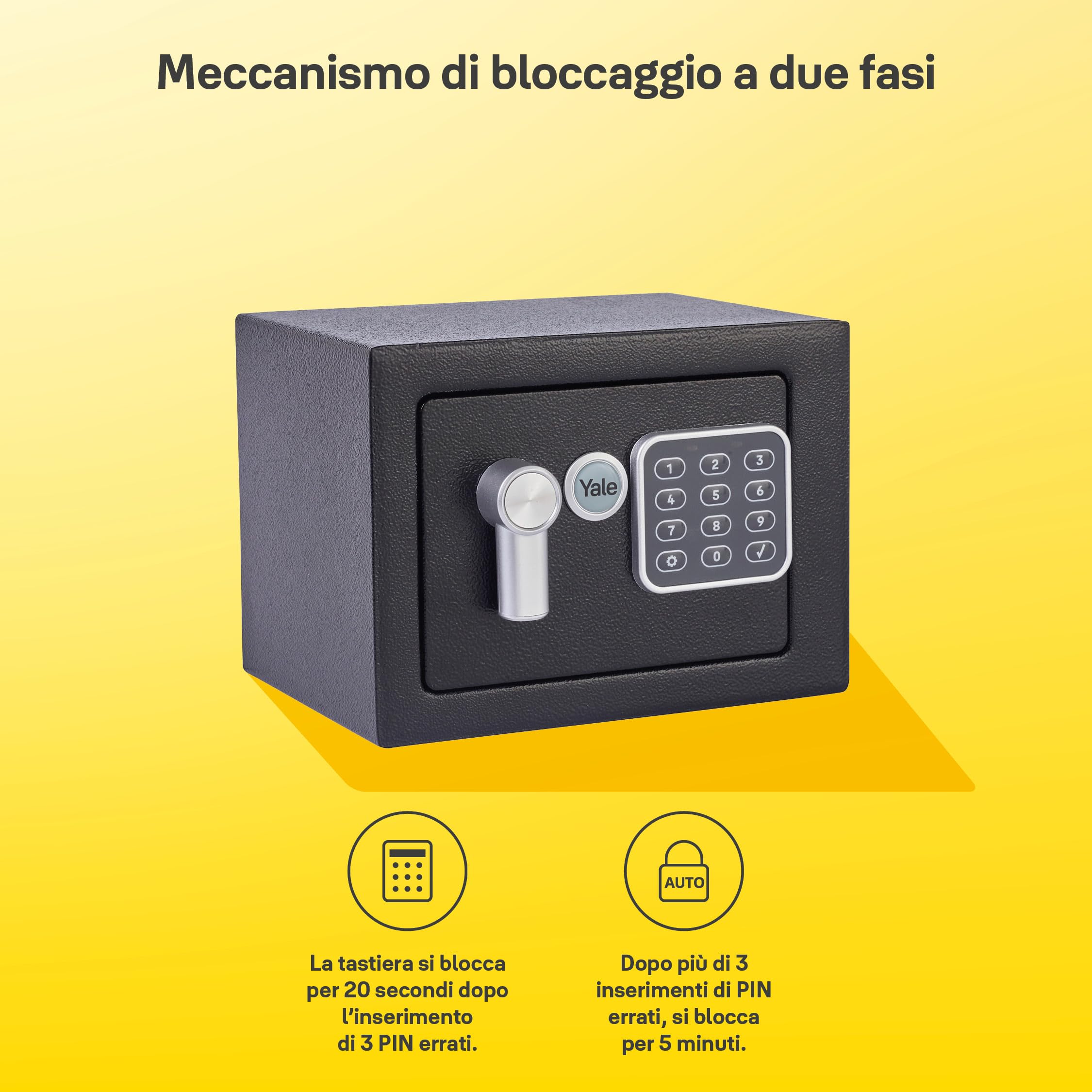 YALE Cassaforte XS YSV/170/DB2 Nero, con Tastiera Digitale, Indicatori di Luce a LED, Fissaggi a Parete e Pavimento, Capacità di 3.8 L, Dim Interne 170 x 230 x 170 mm, Mini, Versione Corrente