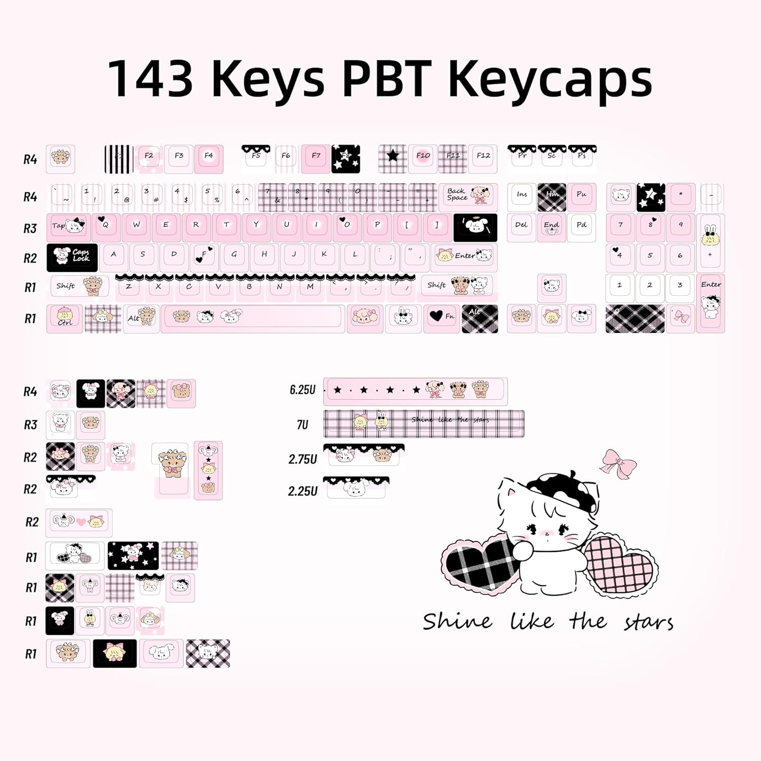 Black & Pink Cute Kitty Themed PBT Keycaps 145 Keys - Five-Sided Dye-Sublimation FOA Profile Custom keycap Set fit for Gateron Cherry MX Swithes Mechanical Keyboards