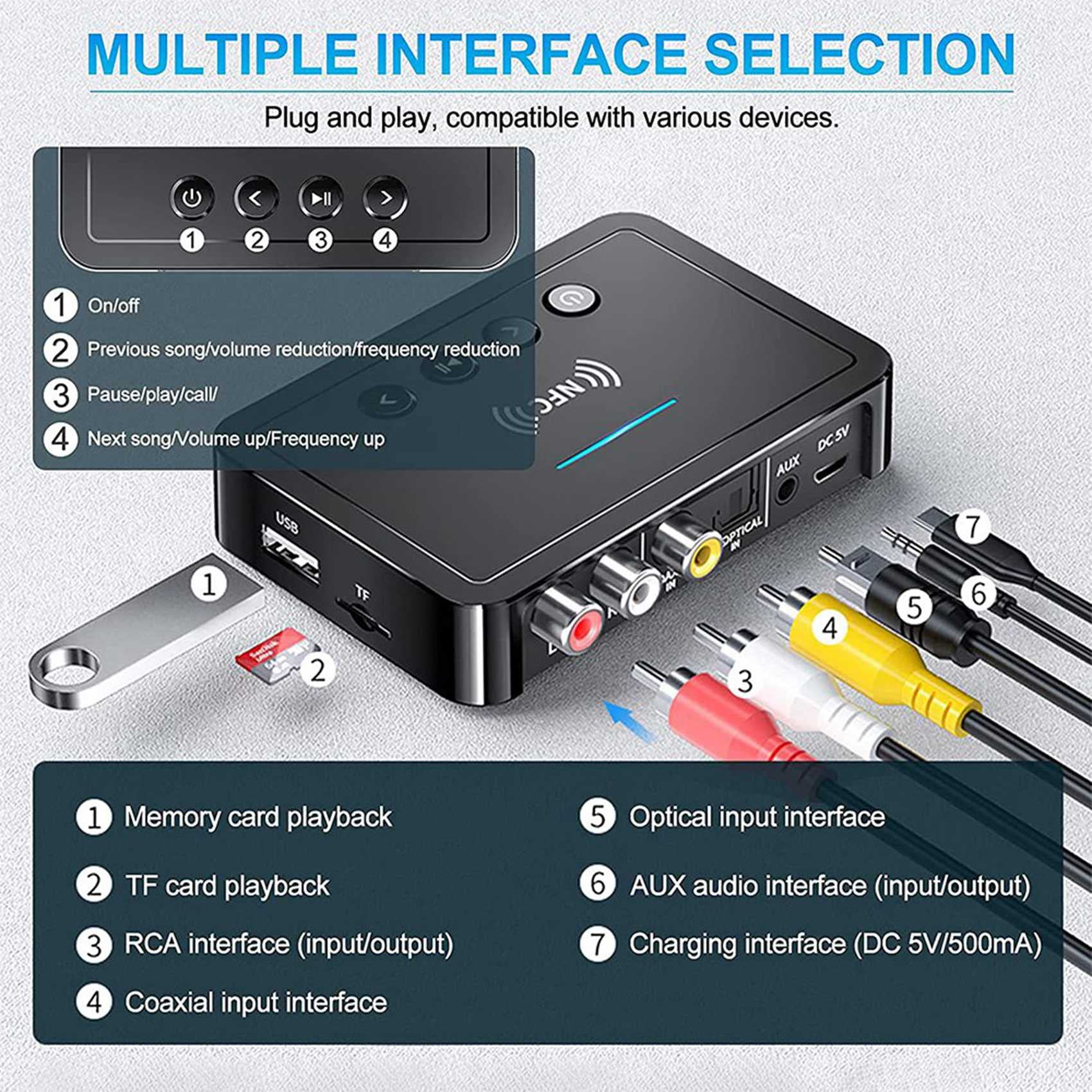 2X Bluetooth 5.0 Récepteur ÉMetteur FM Stéréo AUX 3.5mm RCA NFC Bluetooth Audio Adaptateur pour TV PC Casque