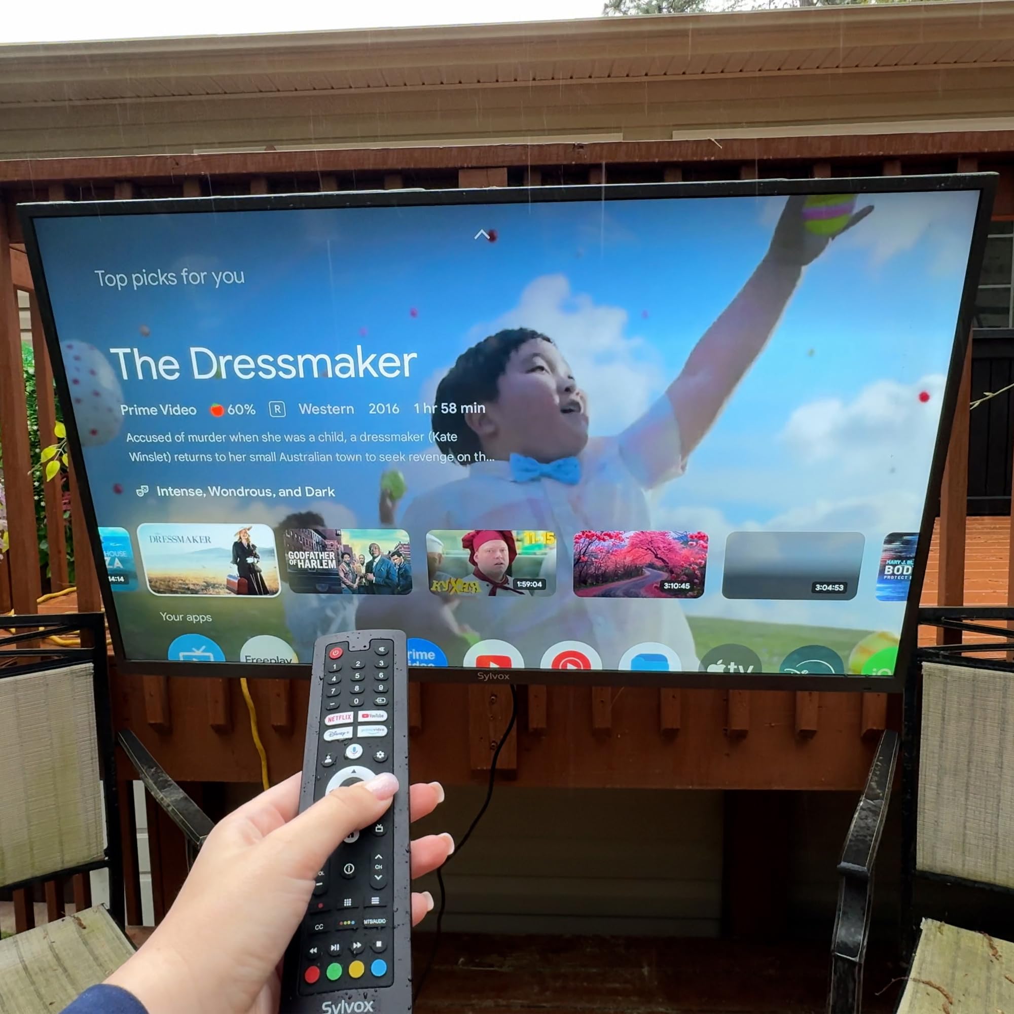 SYLVOX TV Exterior de 75", 120 Hz 4K Ultra HD, IP55 Waterproof, Outdoor Google TV, Dolby Atmos, WiFi 5G y HDMI 2.1, DVB-C/T2/S2, HEVC, Televisor Smart de 1000 nits Ideal para Gaming (Modelo 2025)