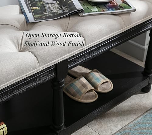 Miniatura 12 de Banco de almacenamiento capitoné de mediados de siglo con estante, banco tapizado de lino para zapatos, taburete otomano con asiento acolchado,