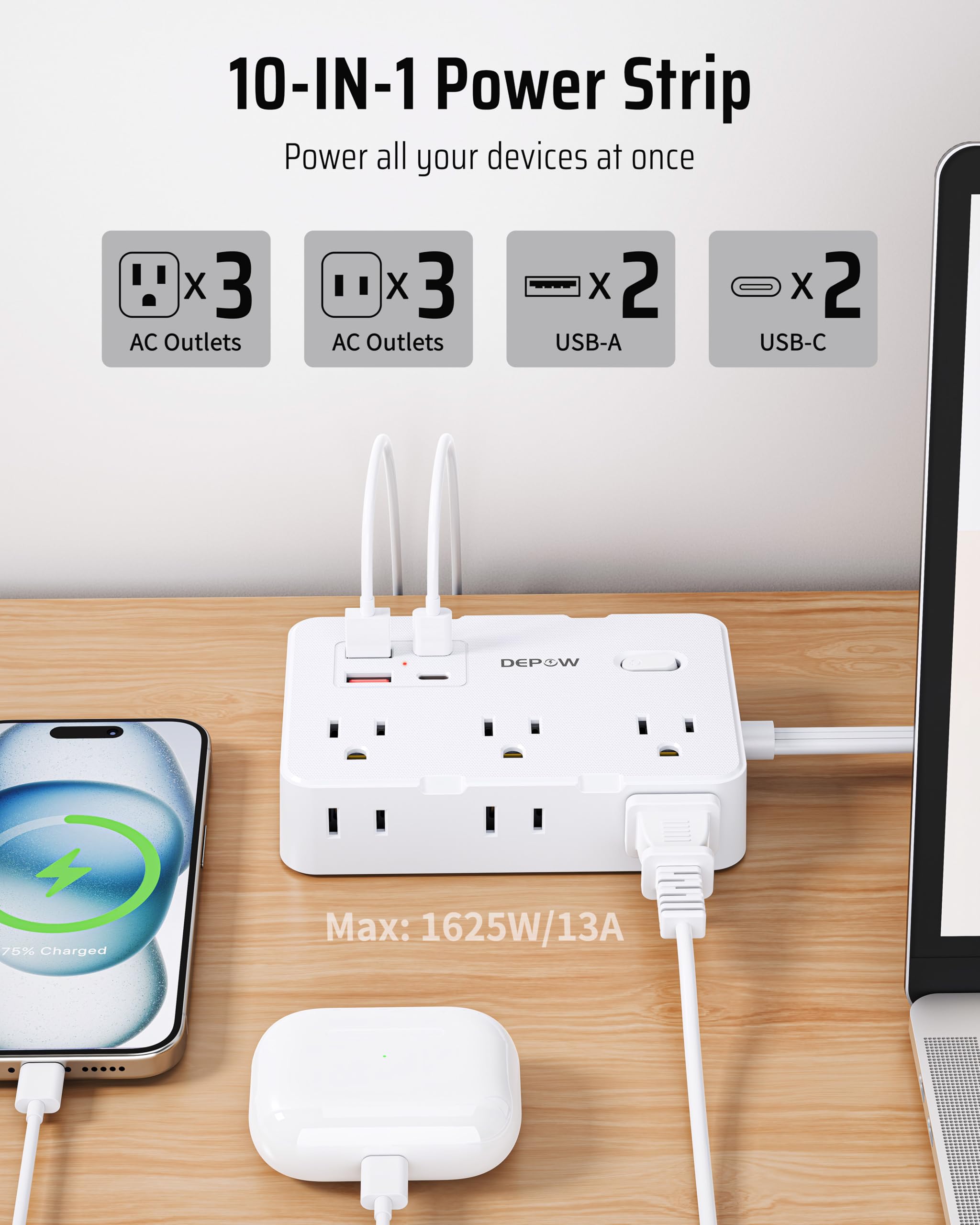 Steckdosenleiste mit 6 AC Steckdosen und 4 USB-A Ports, 45° abgewinkelte Steckdose Ladestation mit Netzschalter, 3 m Verlängerungskabel für Kreuzfahrten, Schlafzimmer,