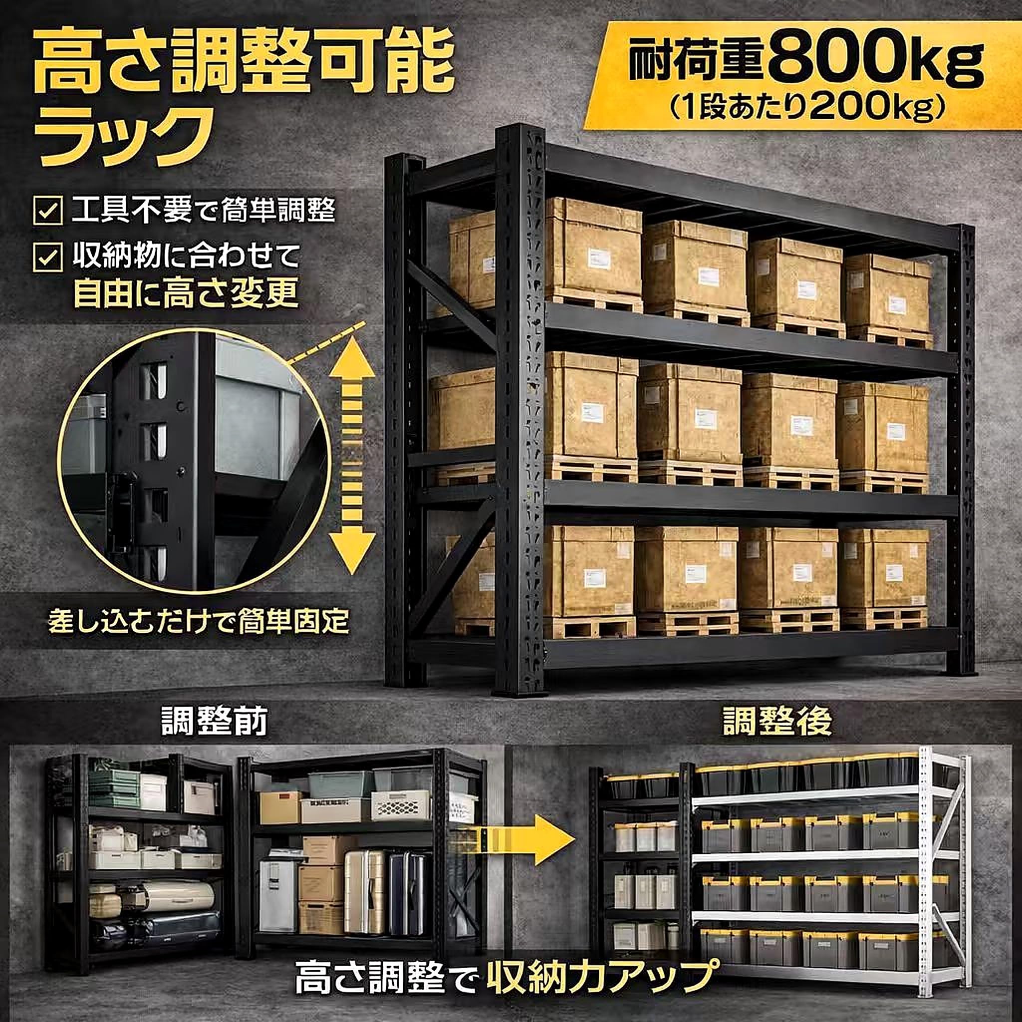 Amazon.co.jp: スチールラック 棚 倉庫 耐荷重 200kg/段 (天地4段