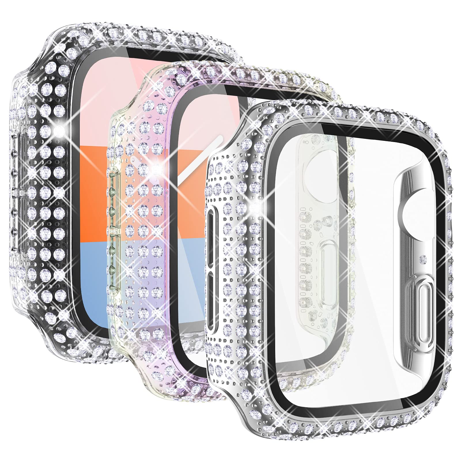 KADES3-Pack Bling Cases Compatible for Apple Watch 40mm Case with Built-in Screen Protector for iWatch Series SE SE2022 6 5 4 (40mm, Silver/Iridescent/Clear)