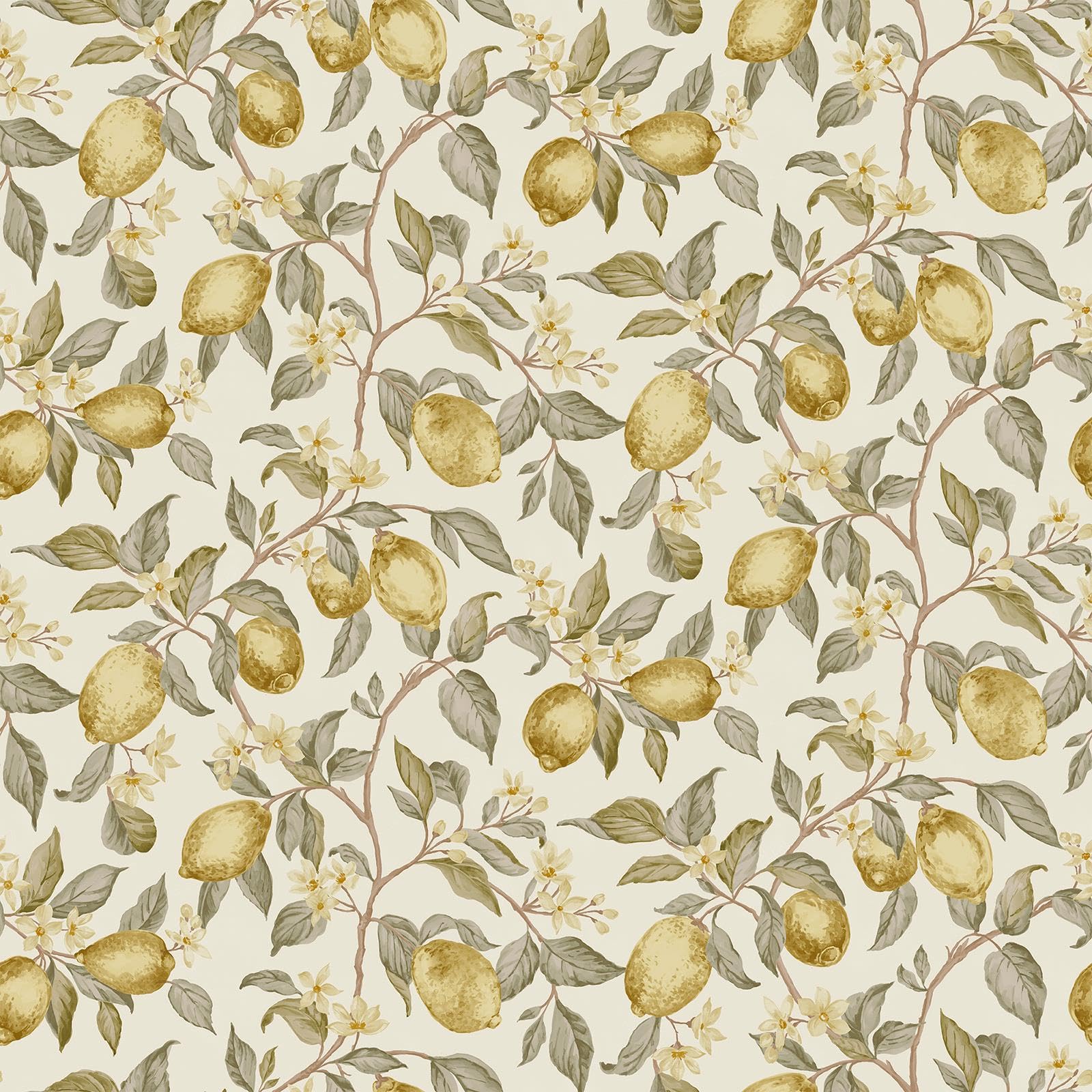 Amalfi Wallpaper Lemon Tree Leaves Yellow Green Cream Botanical Natural Grandeco