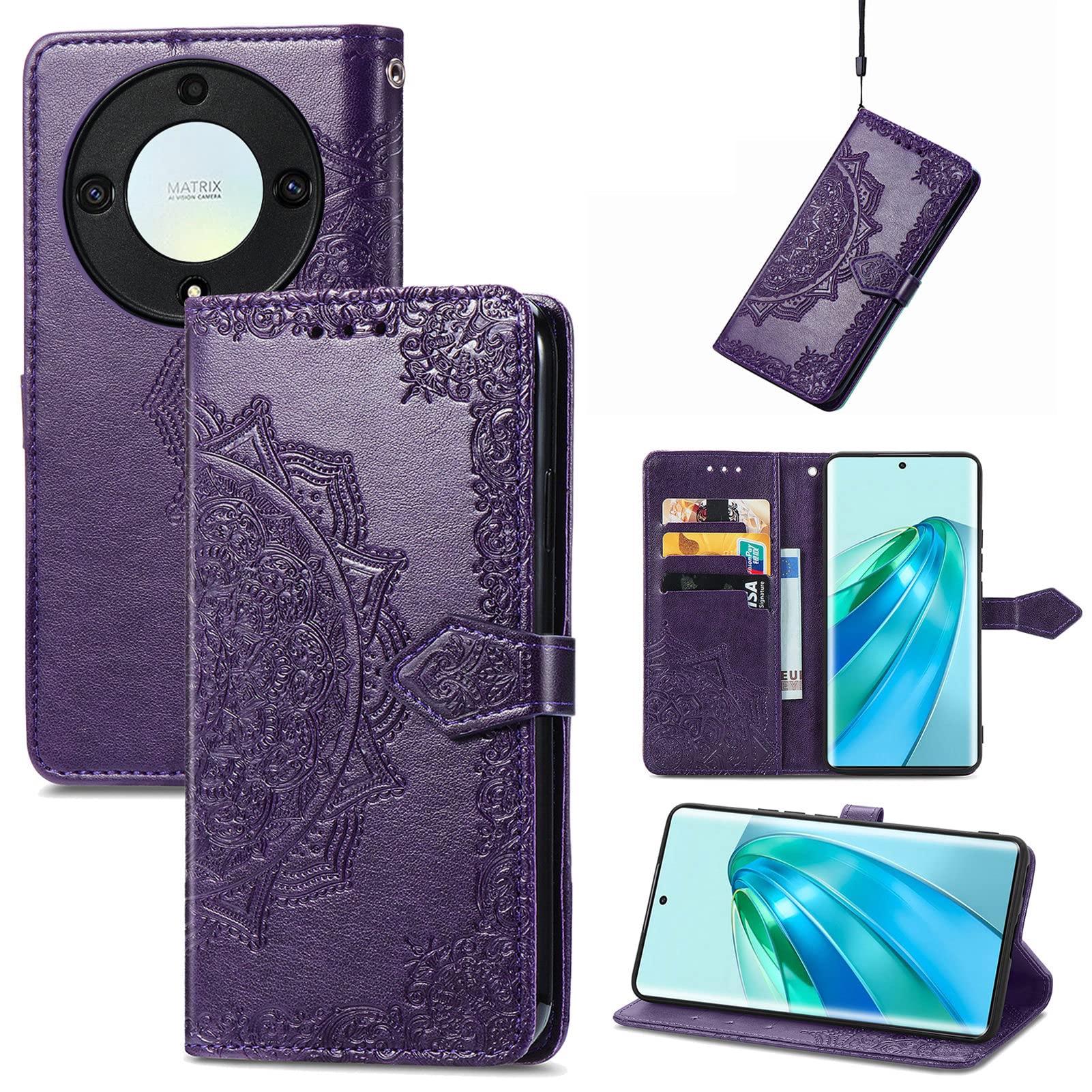 Custodia Portafoglio A Libro In Pelle Con Mandala Per Honor Magic 5 Lite 5G - Cover Con Porta Carte, Cavalletto E Cinghia, Colore Blu - 5