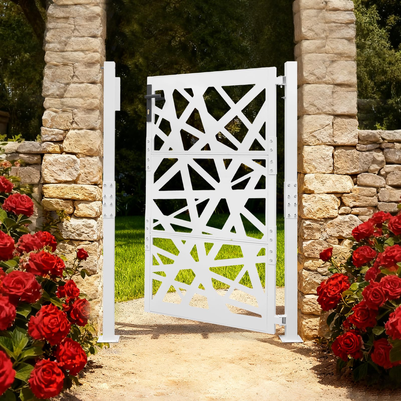 Cancello da giardino in acciaio, con serratura a chiave, in metallo, per giardino, cortili, terrazze (bianco, 105 x 150 cm)
