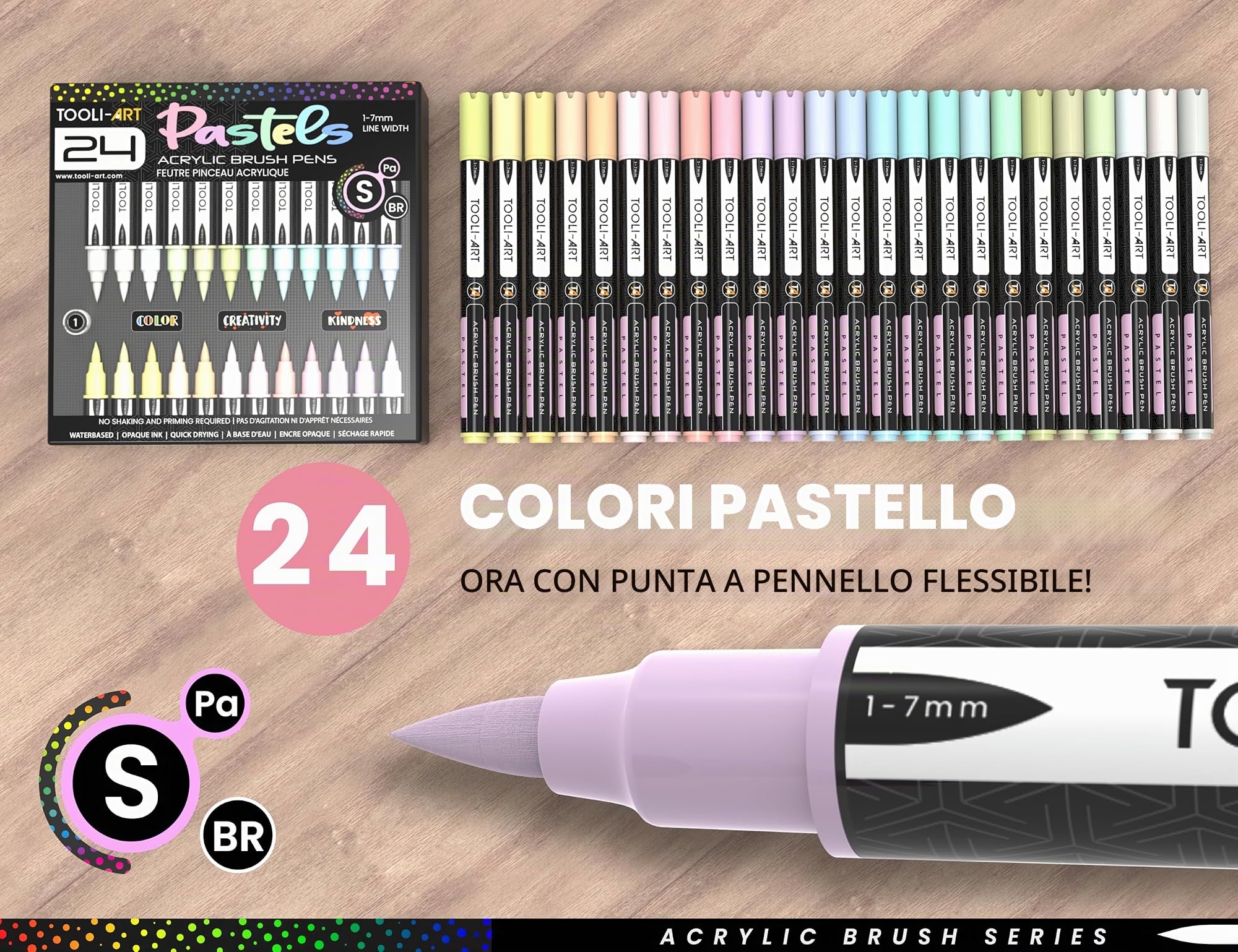 Set di 24 pennarelli acrilici con punta a pennello flessibile, tratto da 1 a 7 mm, per pittura su roccia, scritte a pennello, vetro, tazze, legno, metallo, tela, tessuto, plastica, atossici, a base