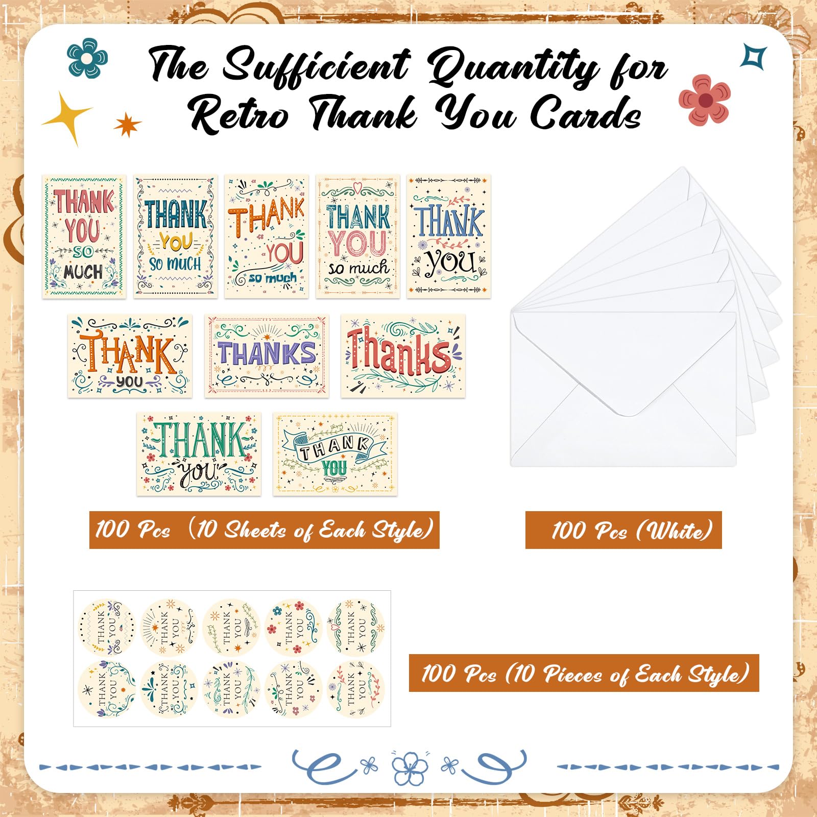 Lot de 100 cartes de remerciement rétro vierges assorties avec enveloppes et autocollants pour enseignants, employés, fête prénatale, mariage, anniversaire, remise de diplôme