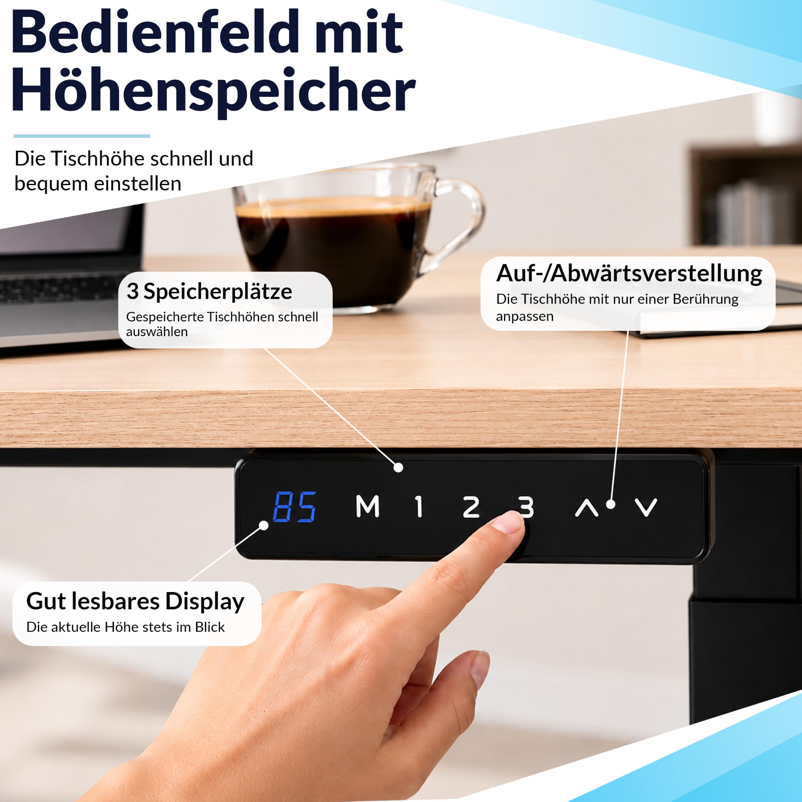 POKAR Höhenverstellbarer Schreibtisch Elektrisch 120x80 cm | Massive 25mm Platte | Memory-Panel mit USB-C und USB-A | Steh-Sitz-Tisch für Home Office | Gestell Schwarz, Platte Sonoma Eiche