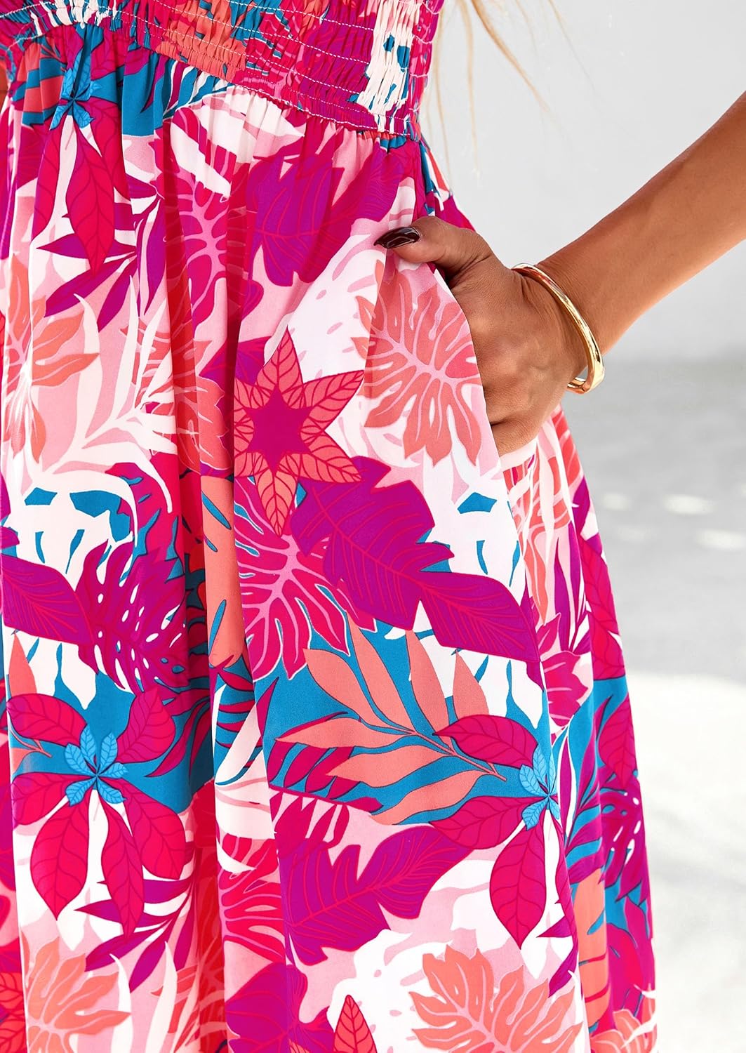 PRETTYGARDEN Boho Dresses for Women 2026 Summer Floral Short Sleeve V Neck Smocked Flowy Beach Vacation Maxi Dress - Image 5