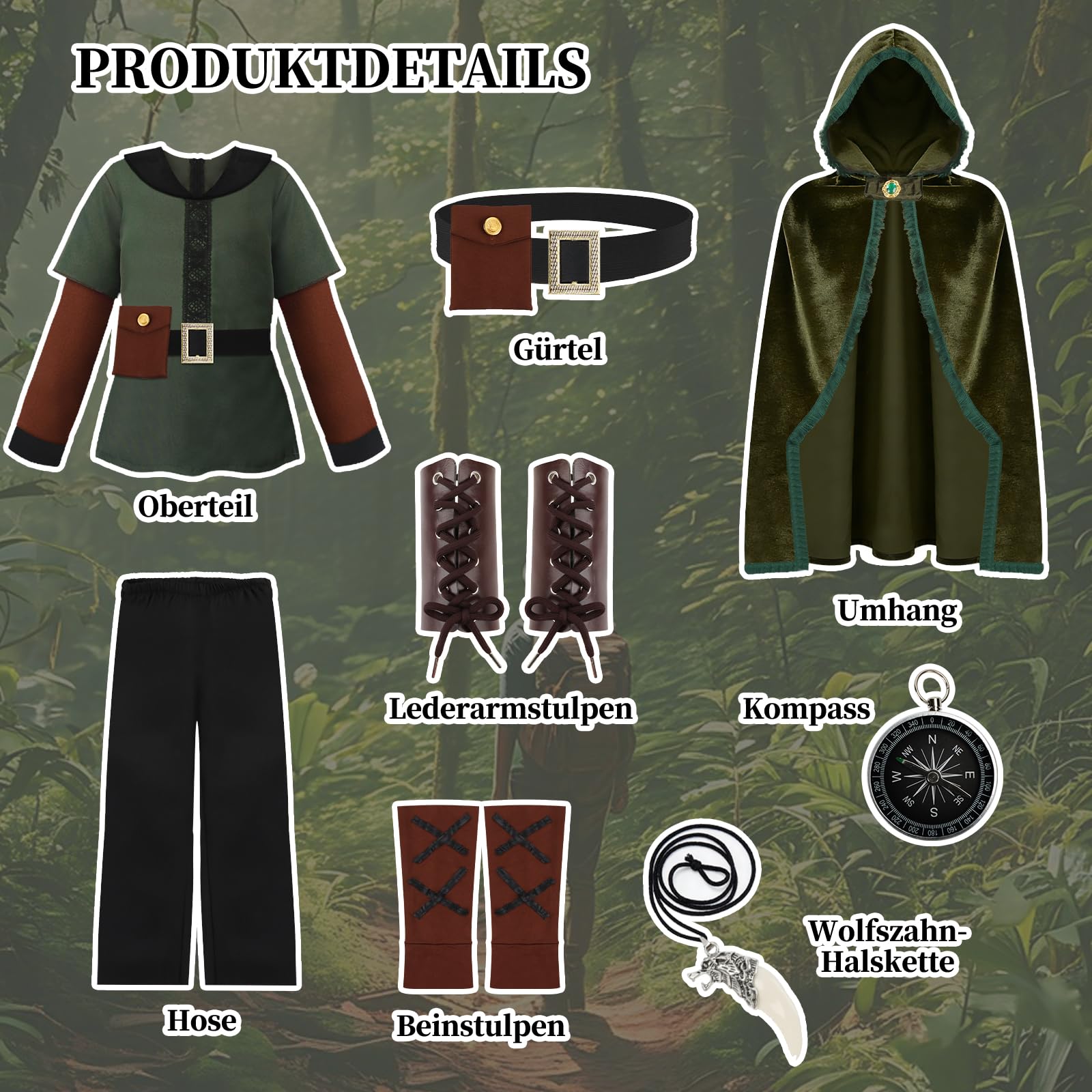 Charmofun Robin Hood Kostüm Kinder, Bogenschütze Mittelalter Outfit für Jungen mit Umhang, Hemd, Hose, Leder-Armschützer, Beinschützer, Halskette und Kompass, Karneval Rollenspiel 4-12 Jahre