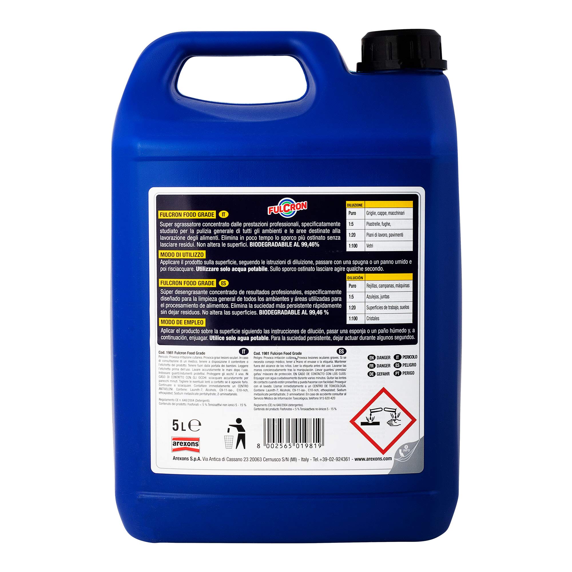 Fulcron Sgrassatore Super Sgrassatore Food Grade Concentrato 5 l, spray sgassatore, igienizzante spray specifico settore alimentare, sgrassatore professionale, biodegradabile, registrato NSF A1