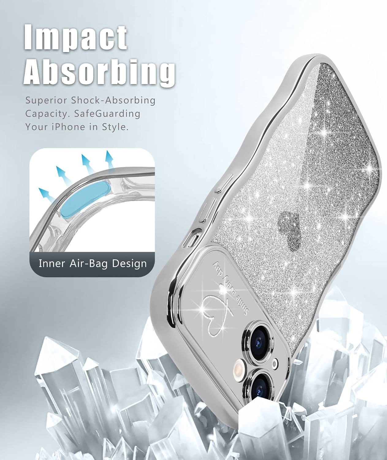  for iPhone 13 Case for Women Girls Cute Curly Wavy Frame, Silver | Love Heart Glitter Bling Camera Protection Sparkly Luxury Elegant Shockproof Cover Clear Wave Phone Case for iPhone 13 6.1" thumbnail