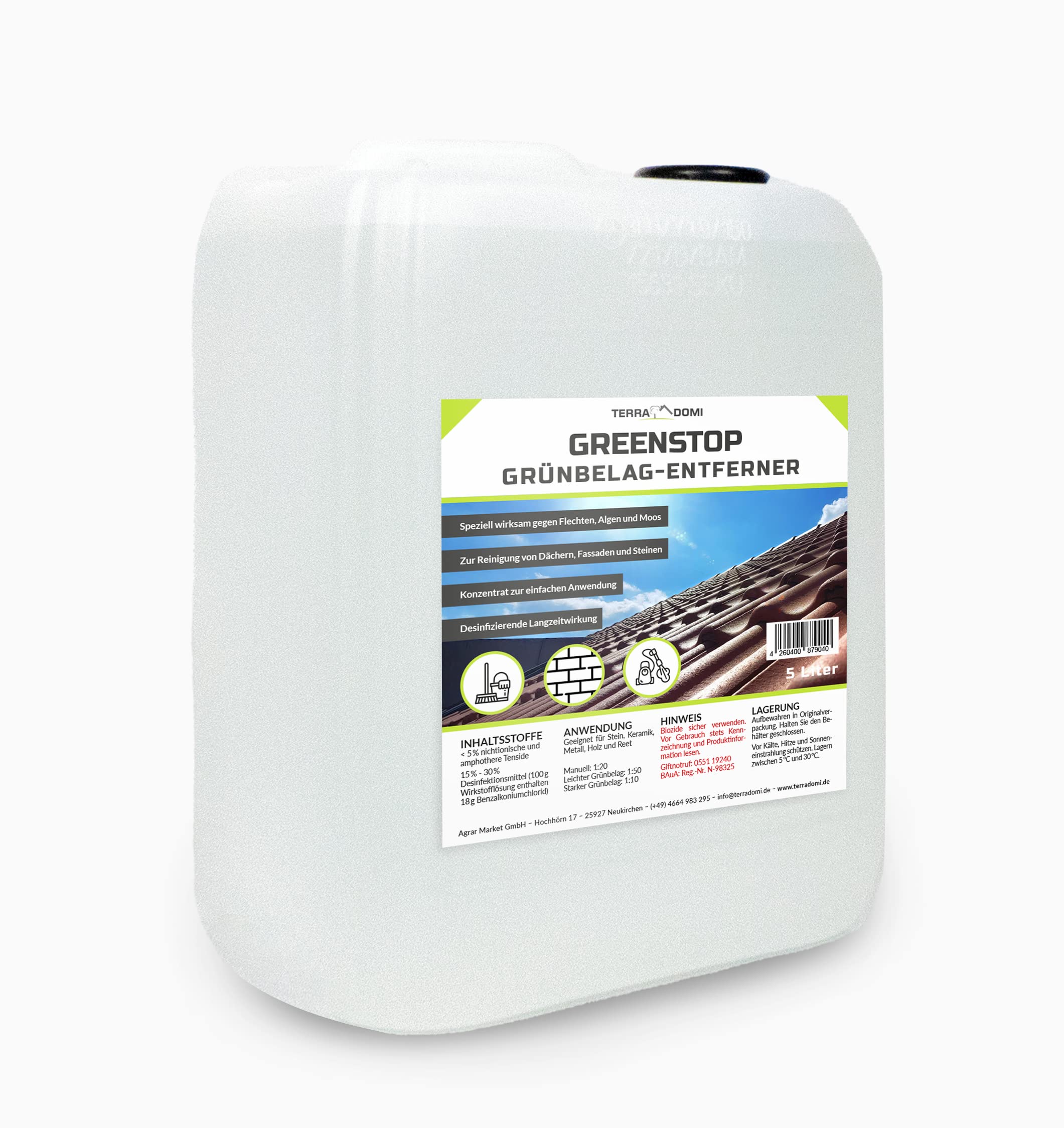 TerraDomi 5 Liter Greenstop für 1500m² I Grünbelagentferner 1:50 Konzentrat gegen Flechten und Algen I Dach- und Steinreiniger I effektiver Fassadenreiniger | A.K.B. …